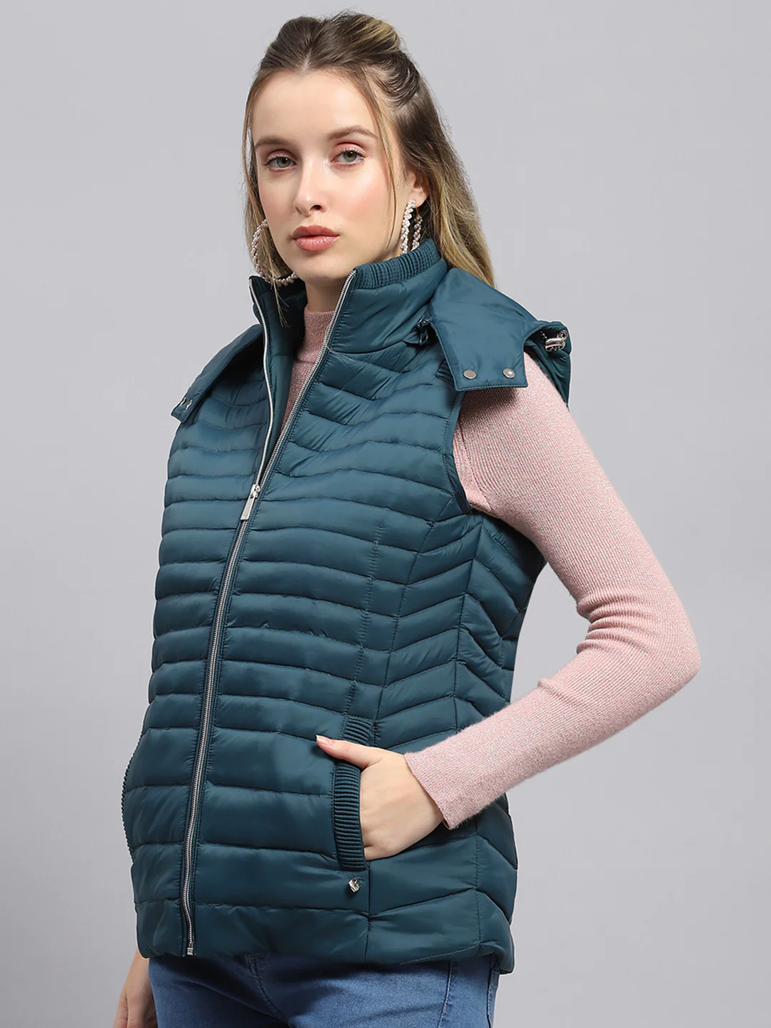 Women Teal Blue Solid Detachable Hood Sleeveless Jacket - Image 3