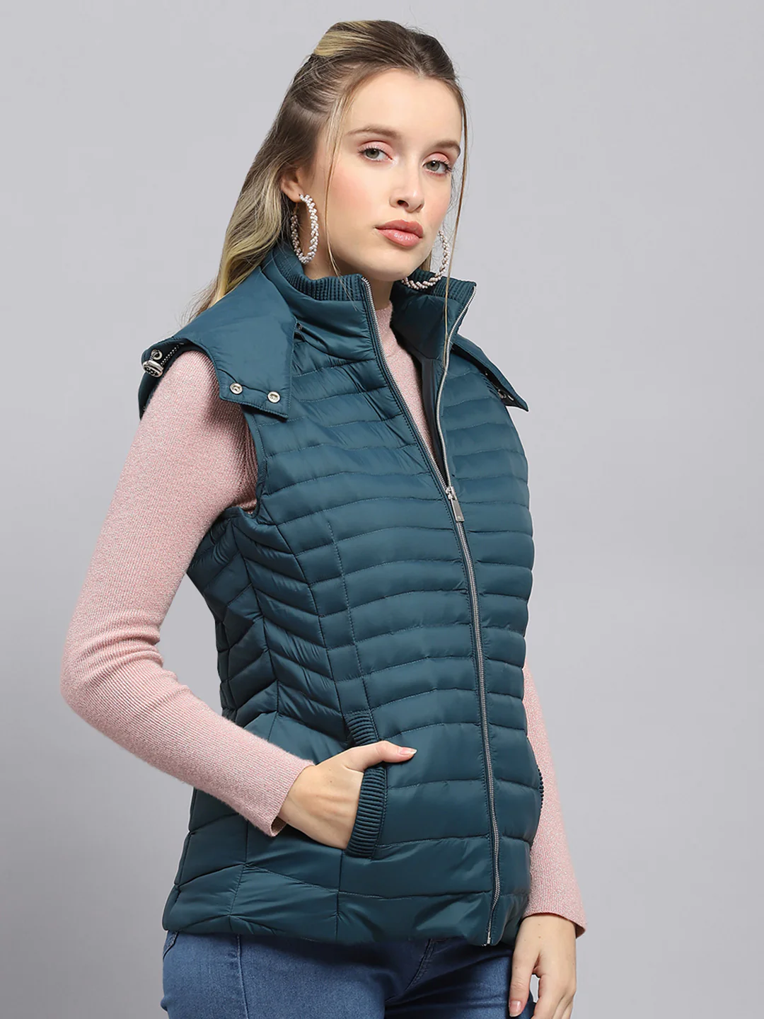 Women Teal Blue Solid Detachable Hood Sleeveless Jacket - Image 4