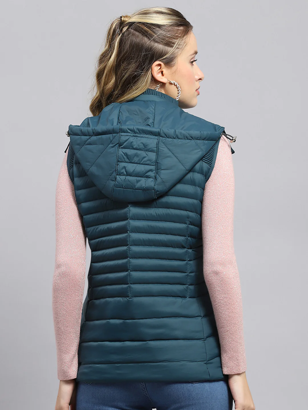Women Teal Blue Solid Detachable Hood Sleeveless Jacket - Image 5
