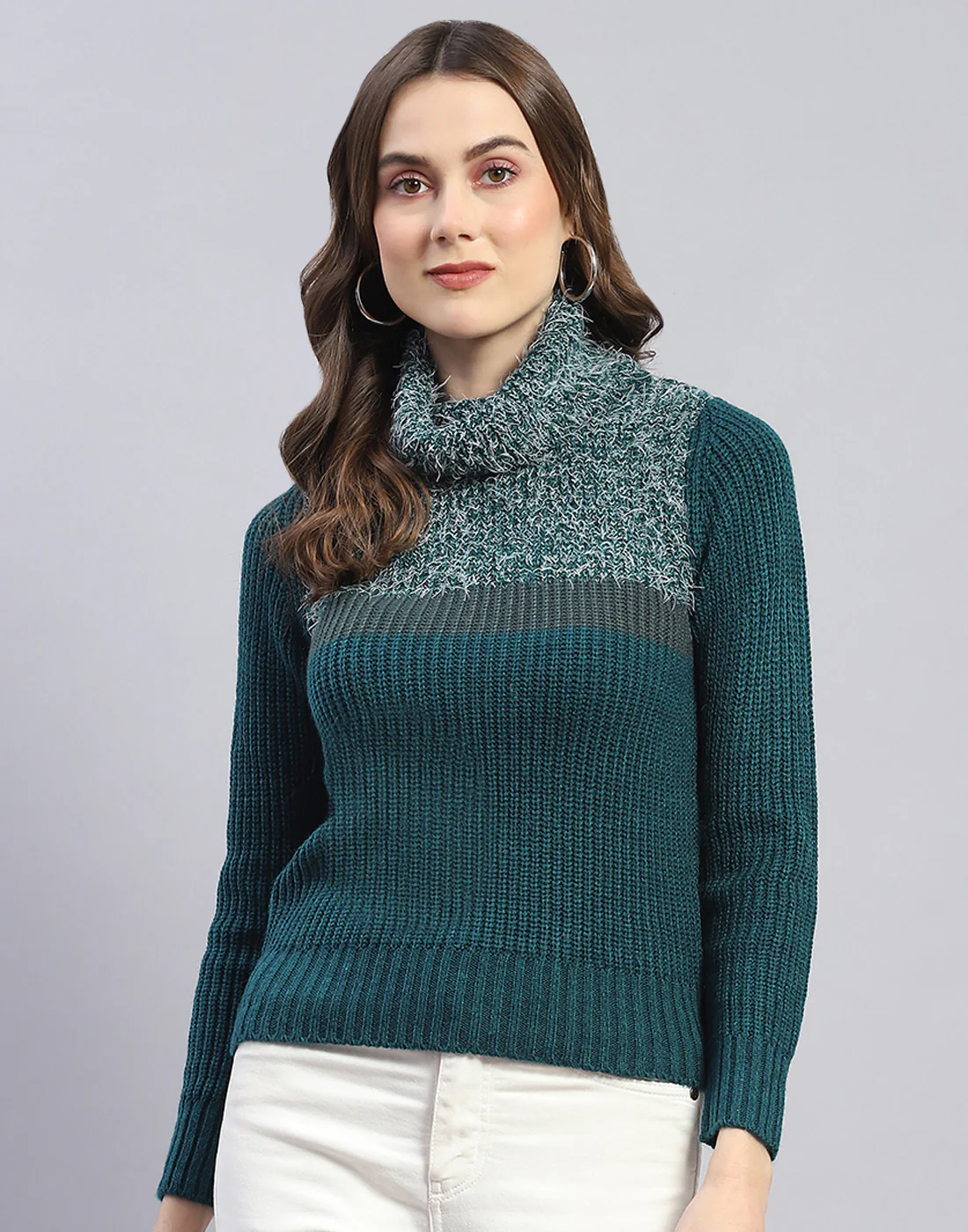 Women Teal Blue Solid H Neck Full Sleeve Sweater - Image 2