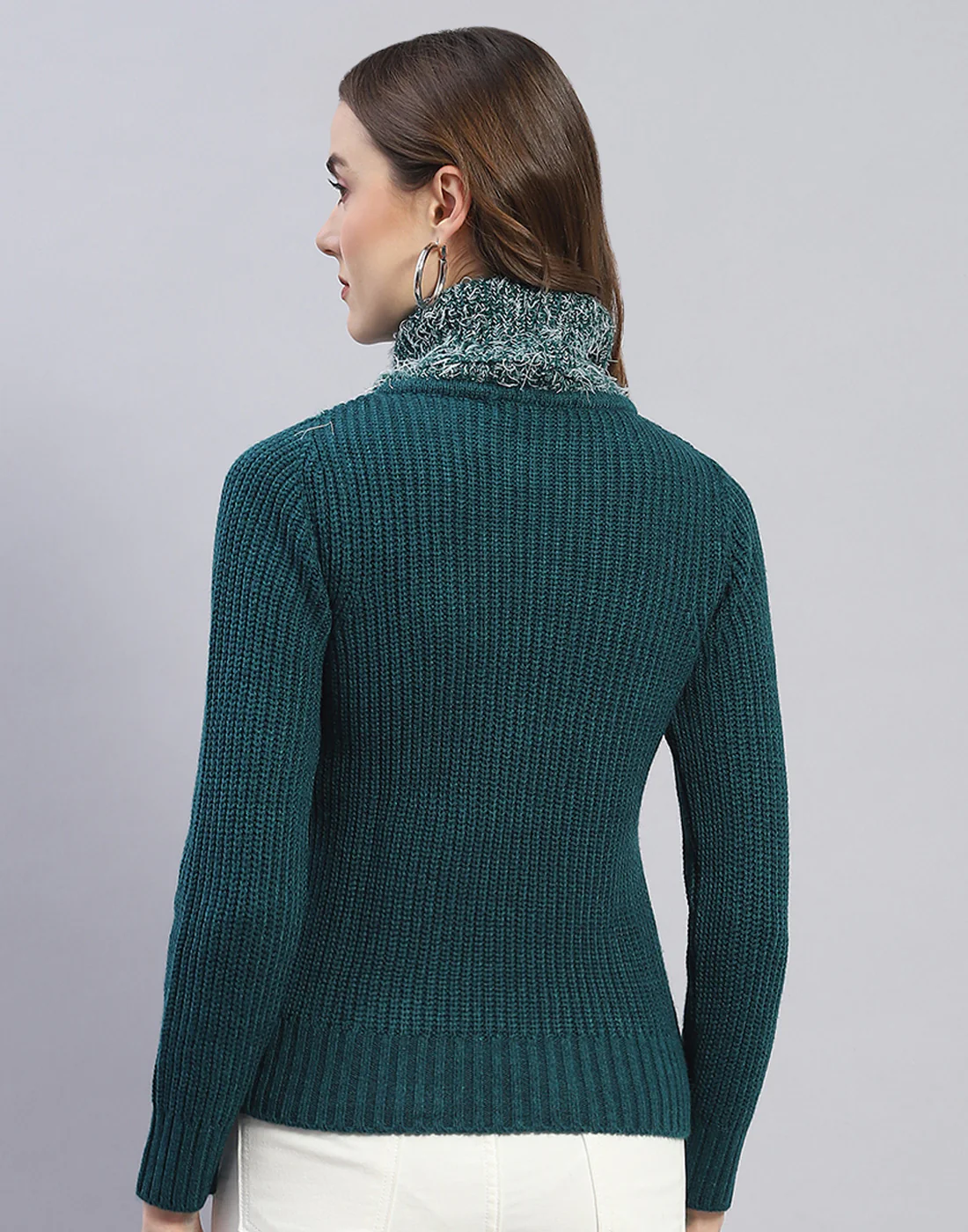 Women Teal Blue Solid H Neck Full Sleeve Sweater - Image 5