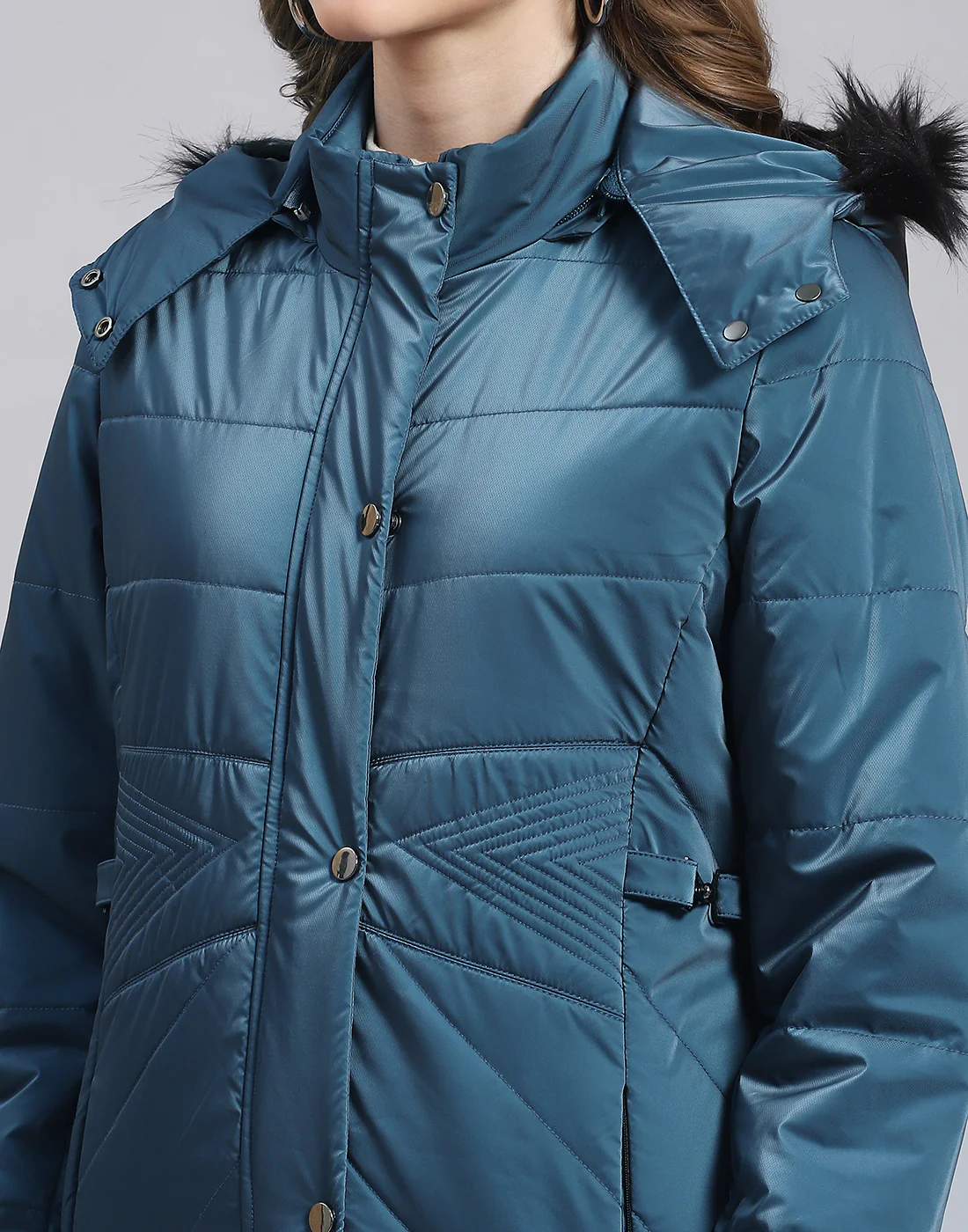 Women Teal Blue Solid Hooded Full Sleeve Jacket - Image 6