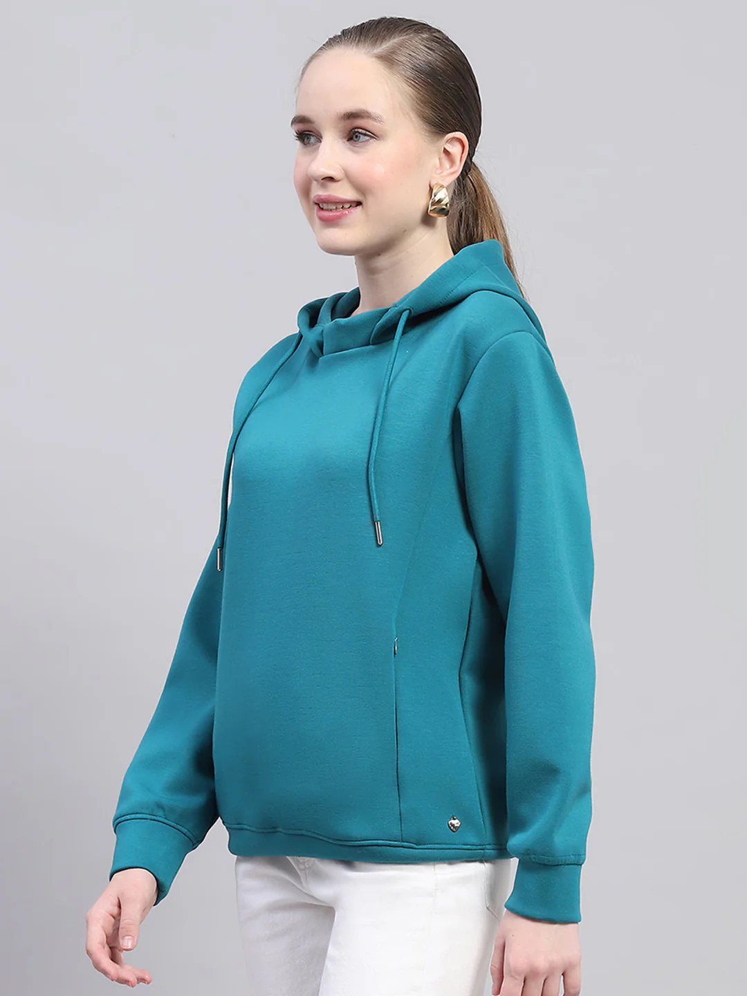 Women Teal Blue Solid Hooded Full Sleeve Sweatshirt - Image 3