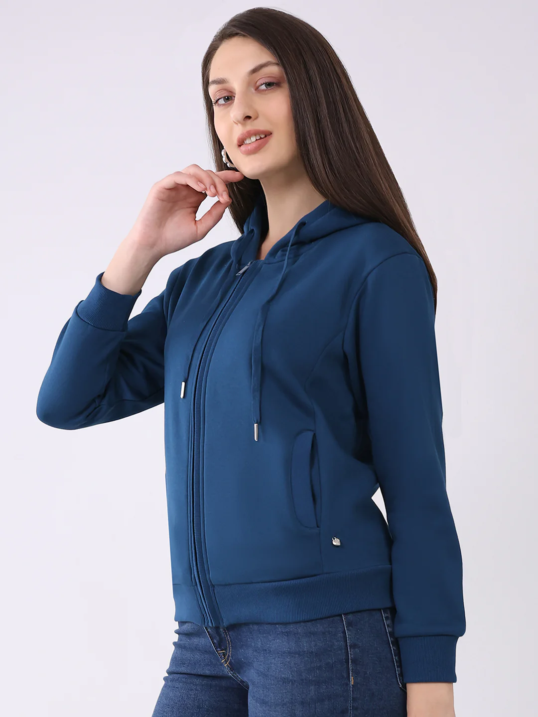 Women Teal Blue Solid Hooded Full Sleeve Sweatshirt - Image 3