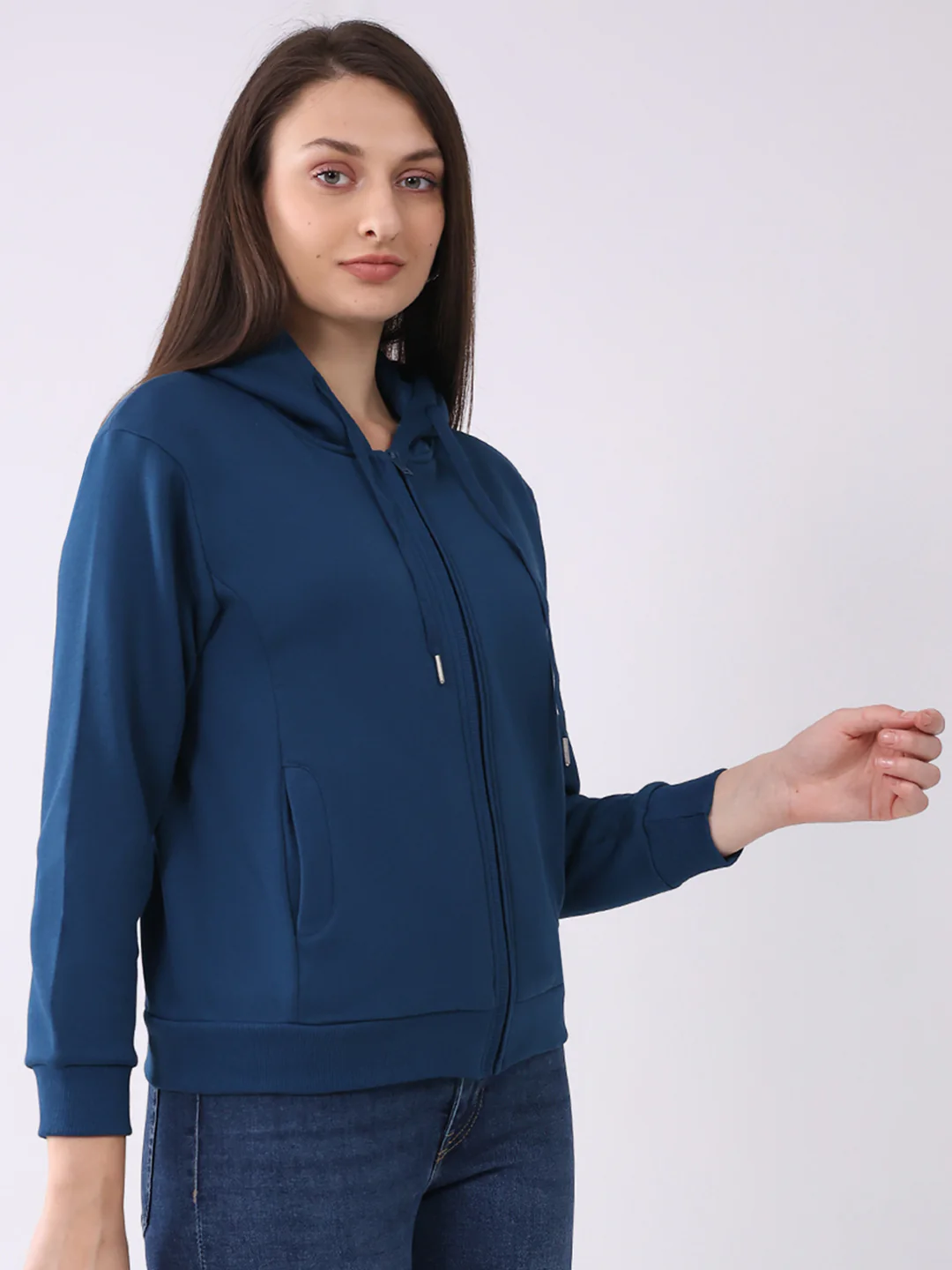 Women Teal Blue Solid Hooded Full Sleeve Sweatshirt - Image 4