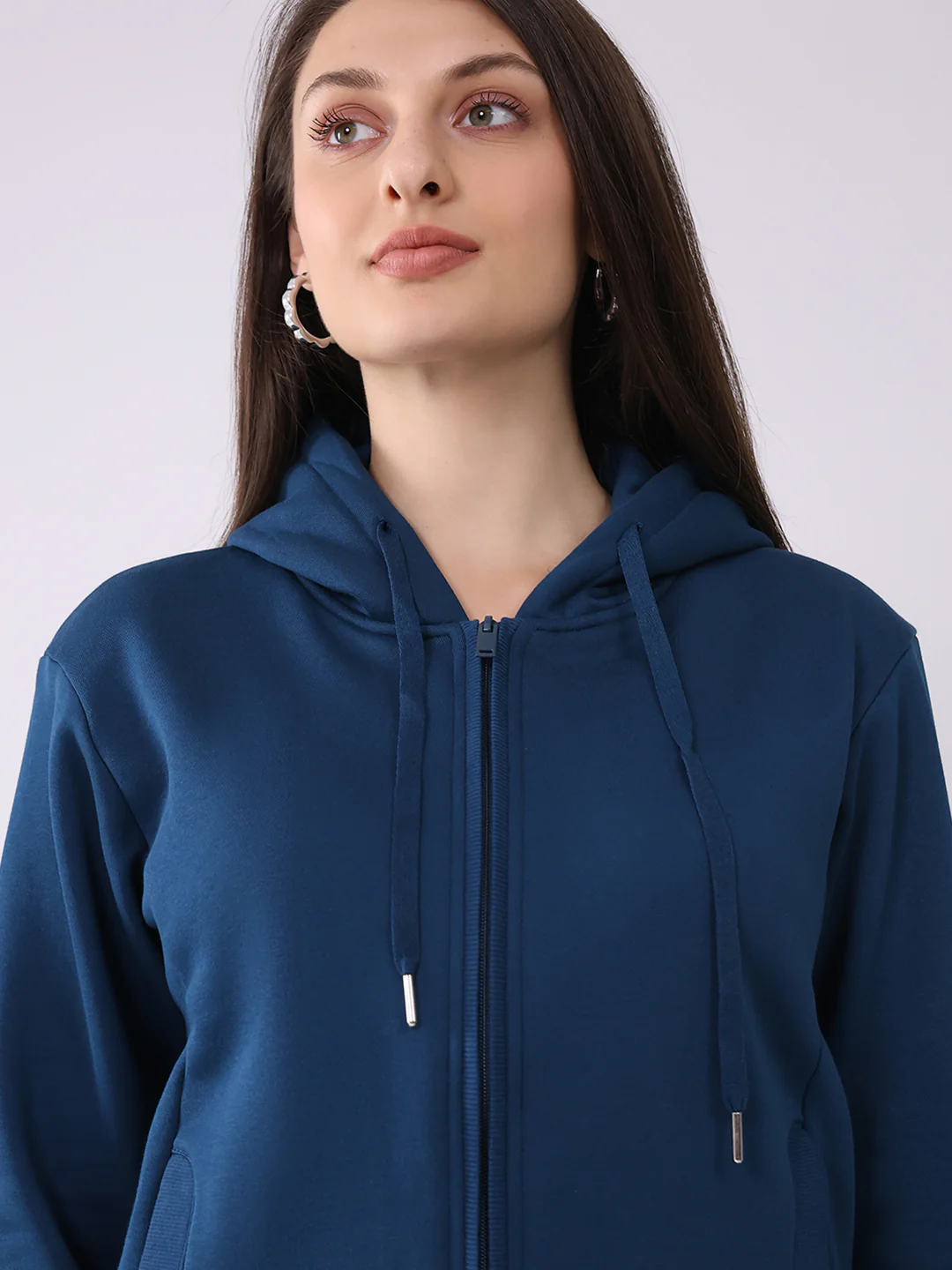 Women Teal Blue Solid Hooded Full Sleeve Sweatshirt - Image 7