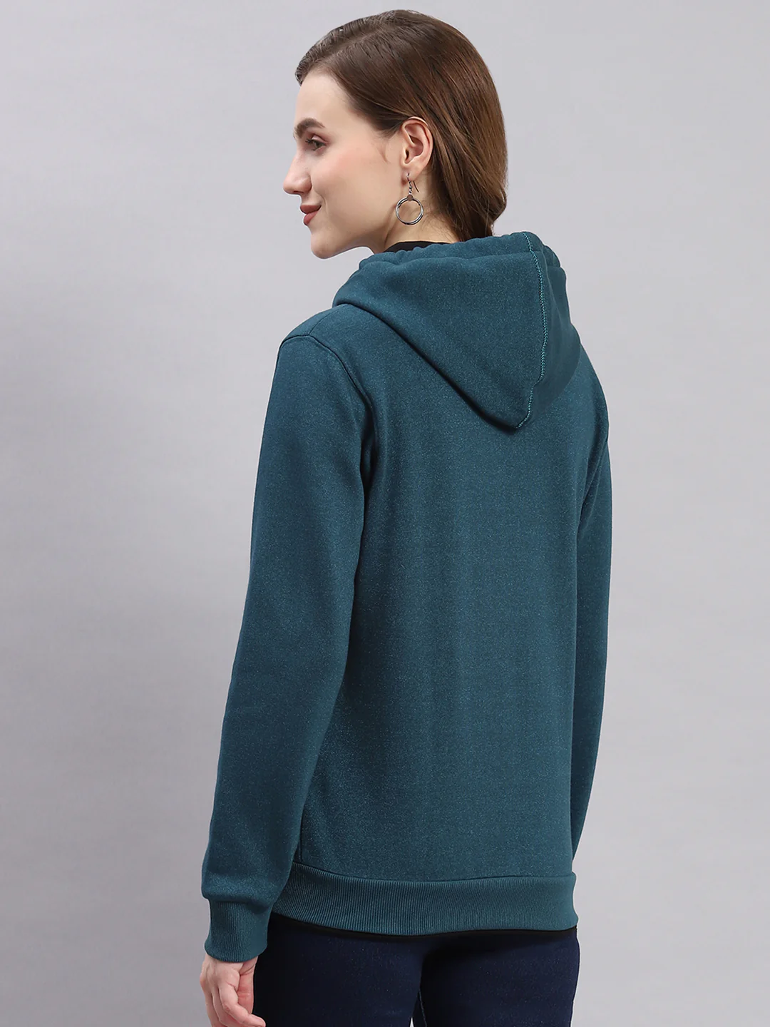 Women Teal Blue Solid Hooded Full Sleeve Sweatshirts - Image 5