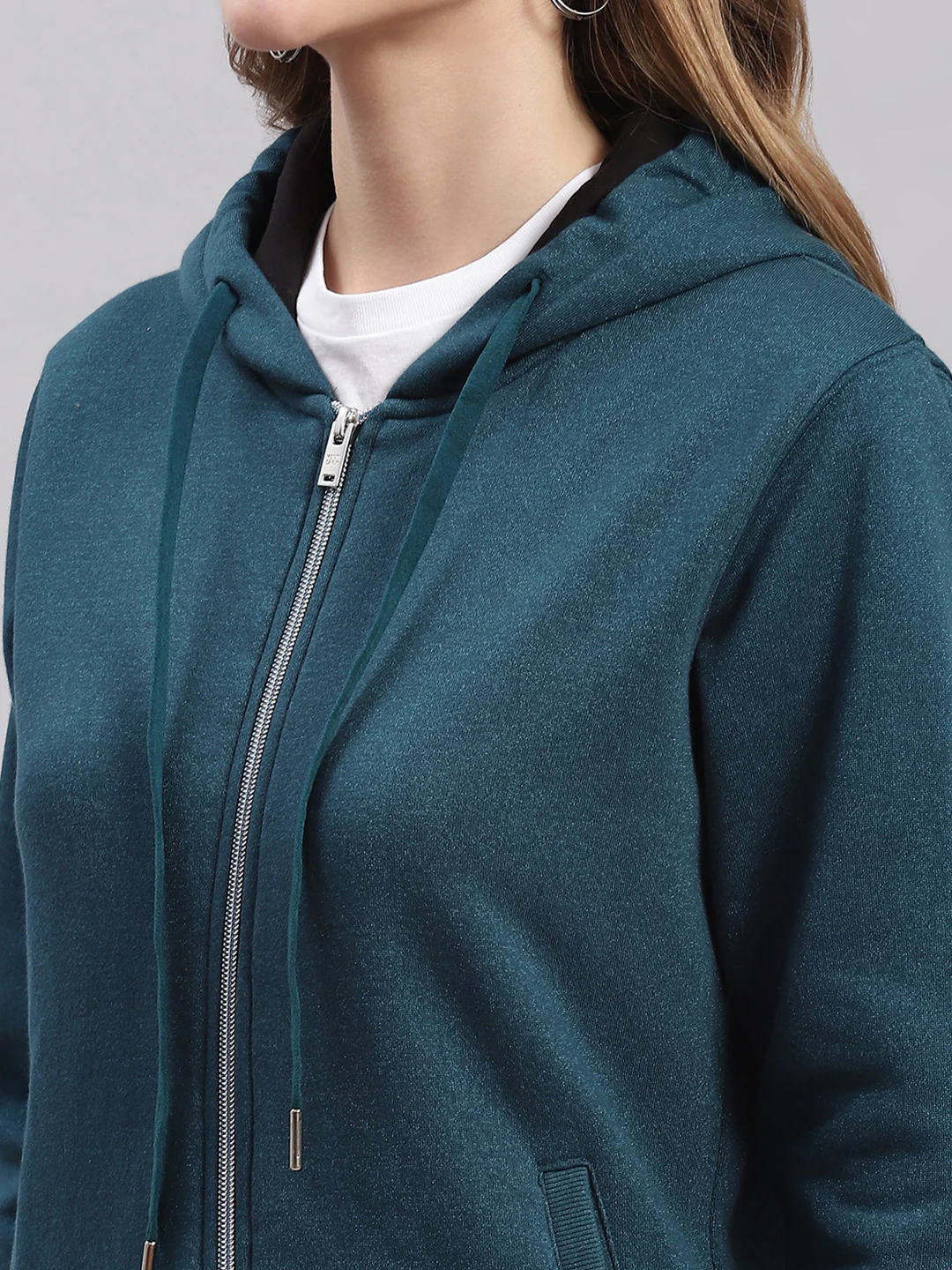 Women Teal Blue Solid Hooded Full Sleeve Sweatshirts - Image 6