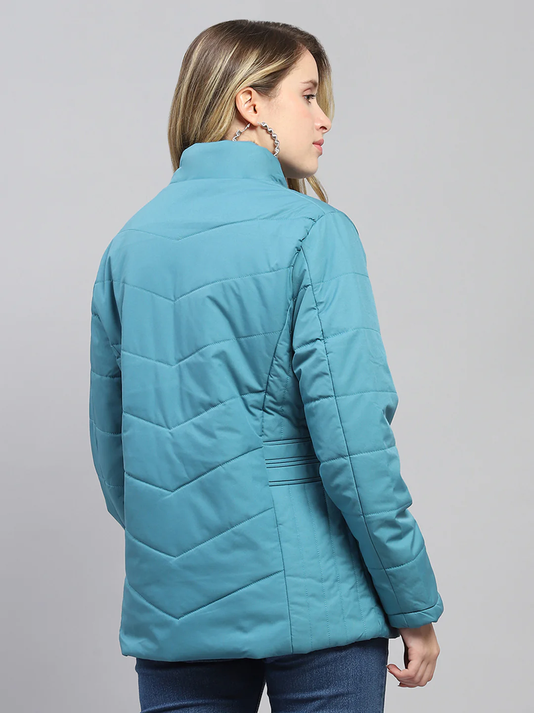 Women Teal Blue Solid Mock Neck Full Sleeve Jacket - Image 5
