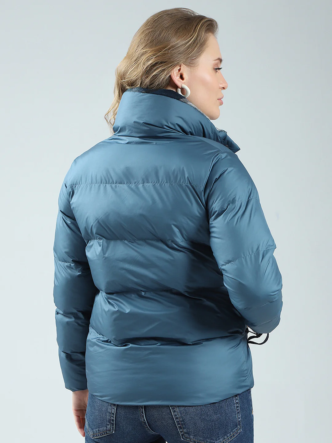 Women Teal Blue Solid Mock Neck Full Sleeve Jacket - Image 5