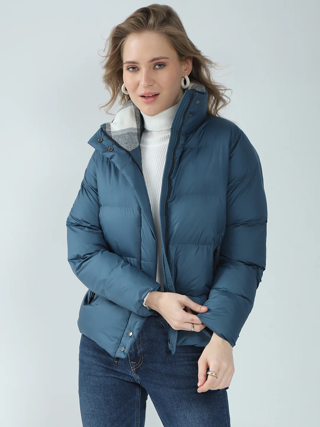 Women Teal Blue Solid Mock Neck Full Sleeve Jacket - Image 6