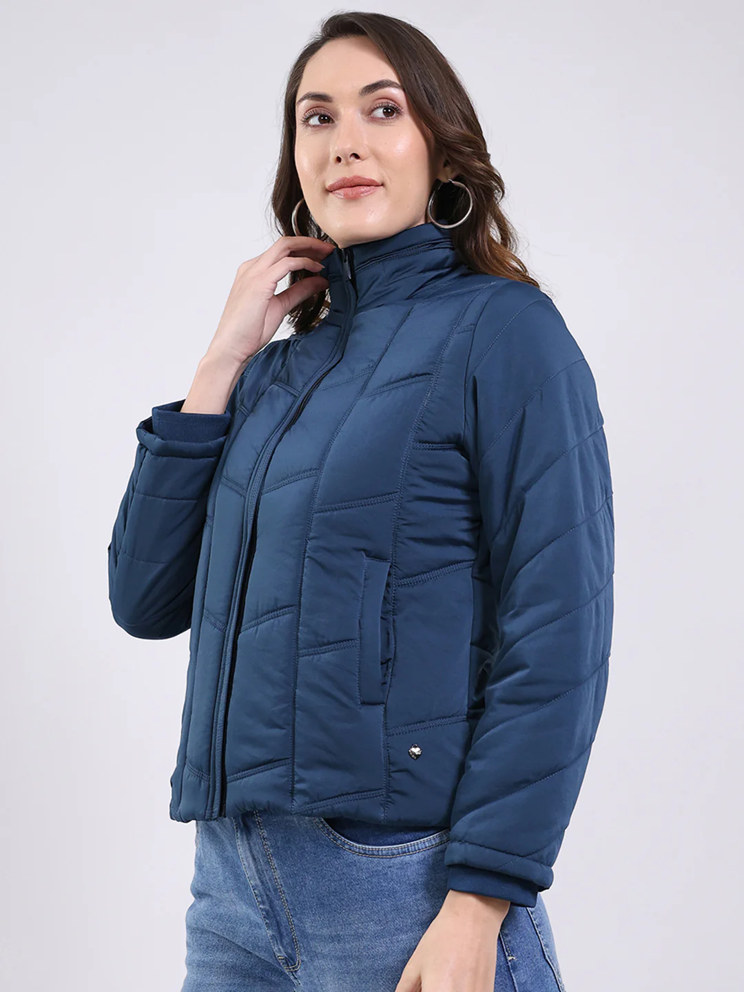 Women Teal Blue Solid Mock Neck Full Sleeve Jacket - Image 3
