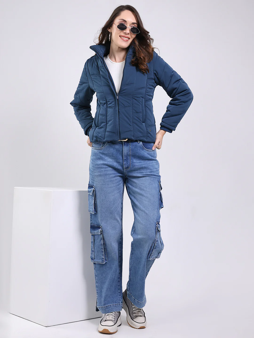 Women Teal Blue Solid Mock Neck Full Sleeve Jacket - Image 6