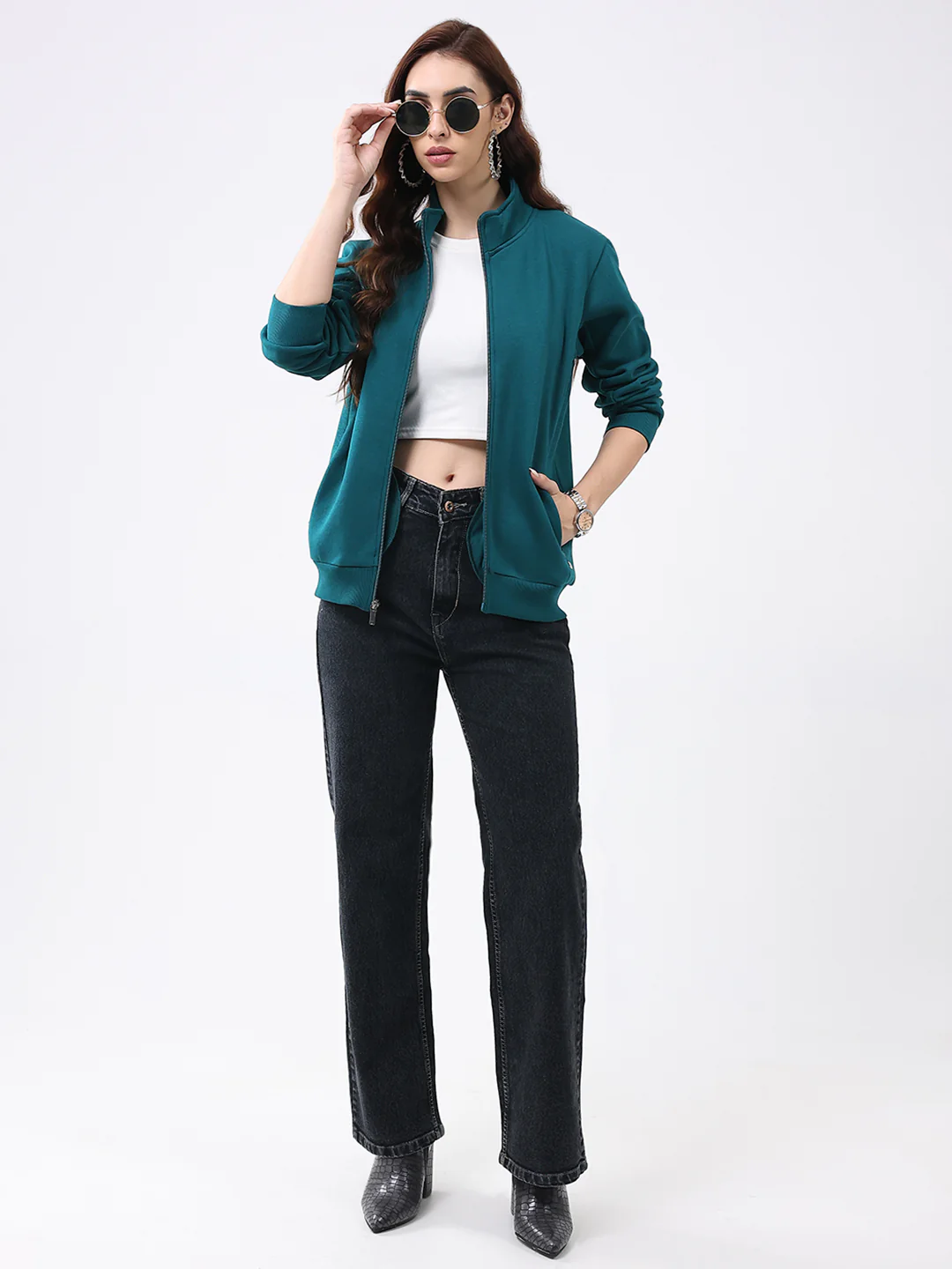 Women Teal Blue Solid Mock Neck Full Sleeve Sweatshirt - Image 2