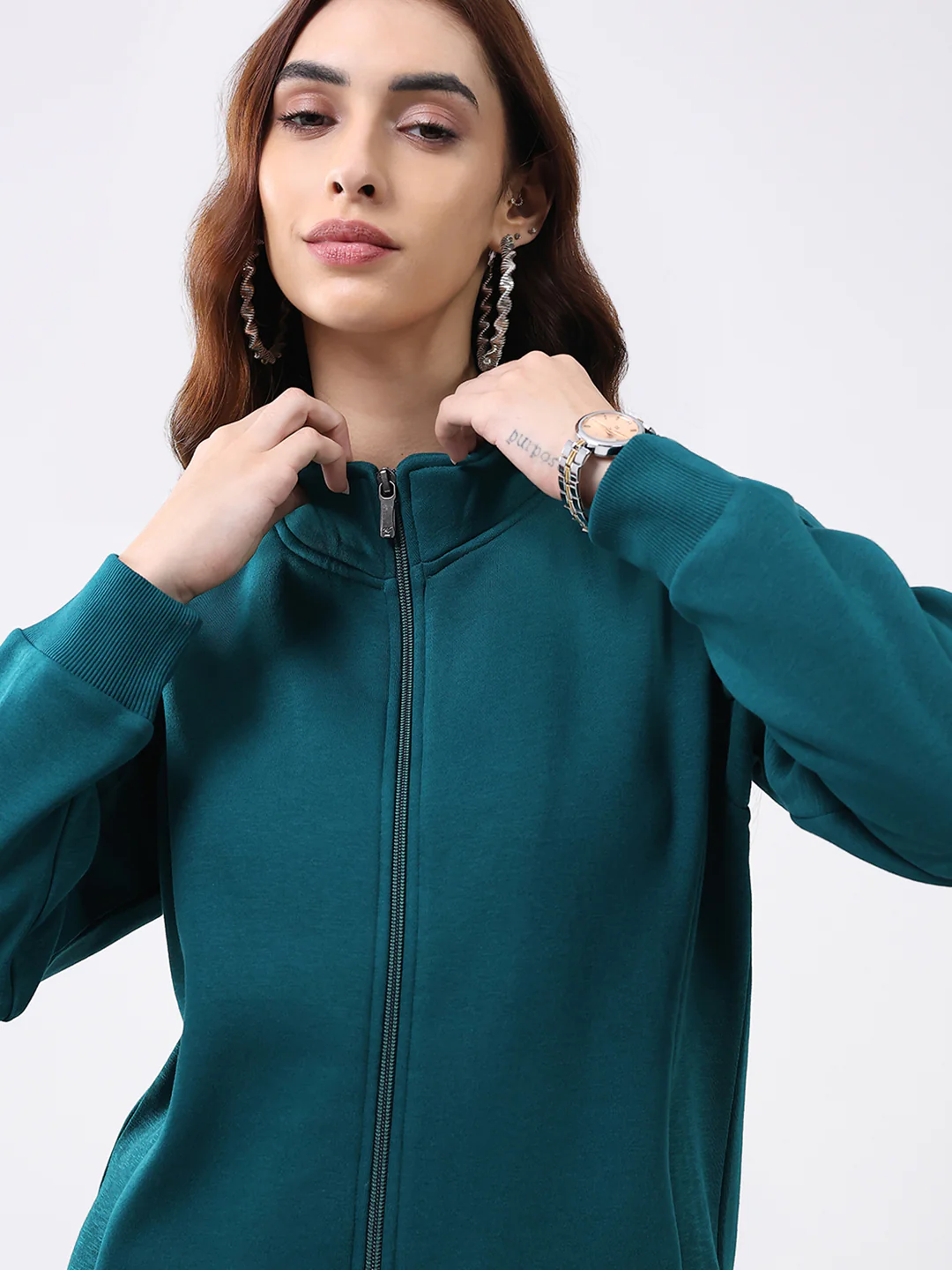 Women Teal Blue Solid Mock Neck Full Sleeve Sweatshirt - Image 6