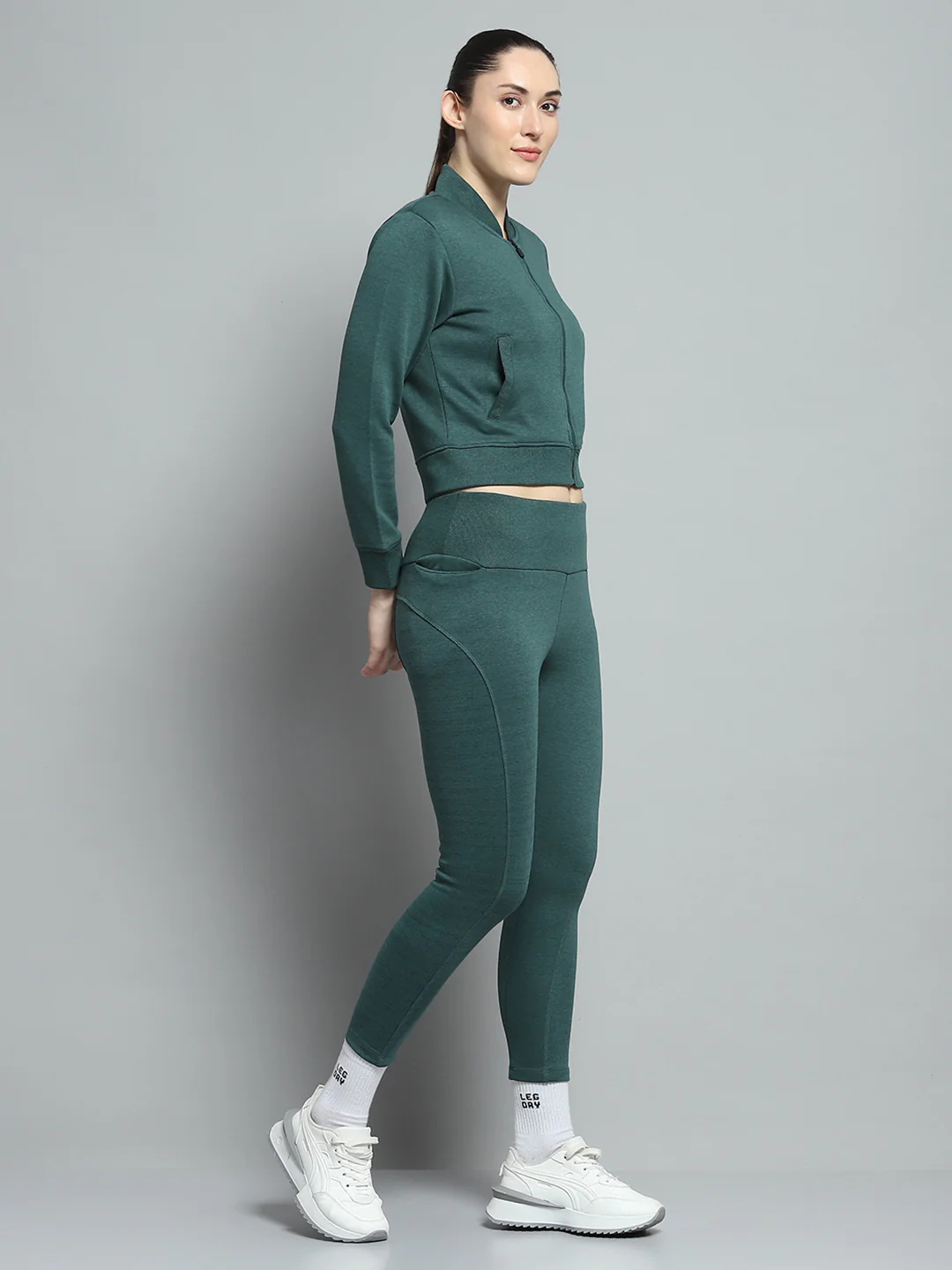 Rock.it Women Teal Blue Solid Mock Neck Full Sleeve Tracksuit - Image 4