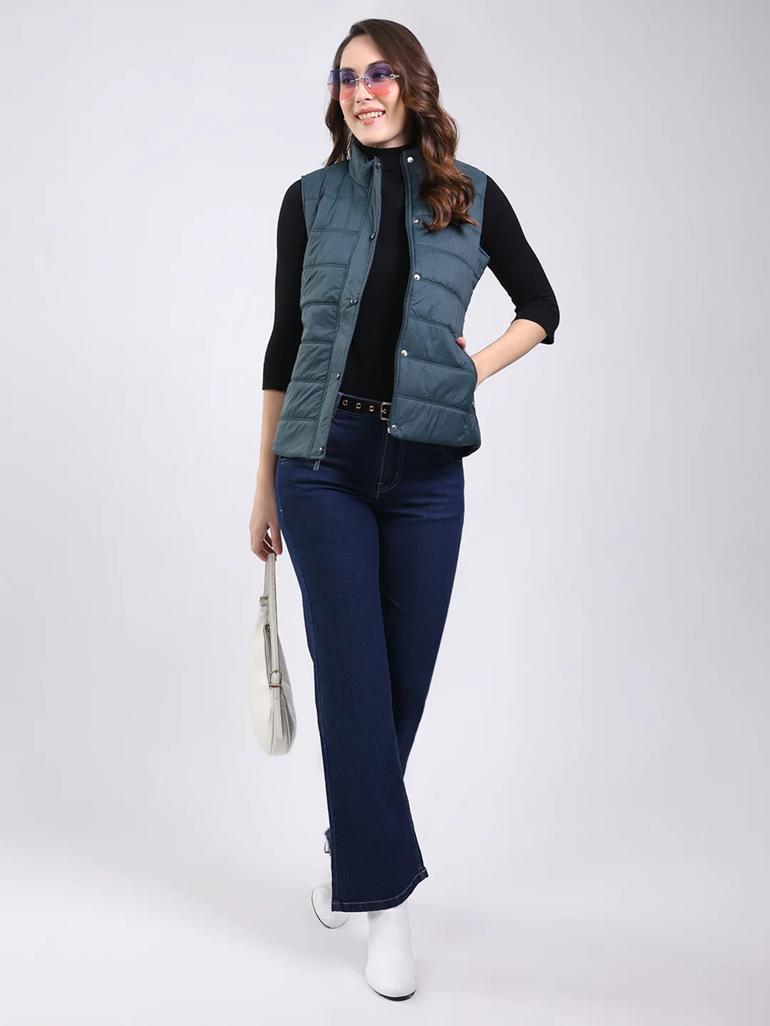 Women Teal Blue Solid Mock Neck Sleeveless Jacket - Image 2