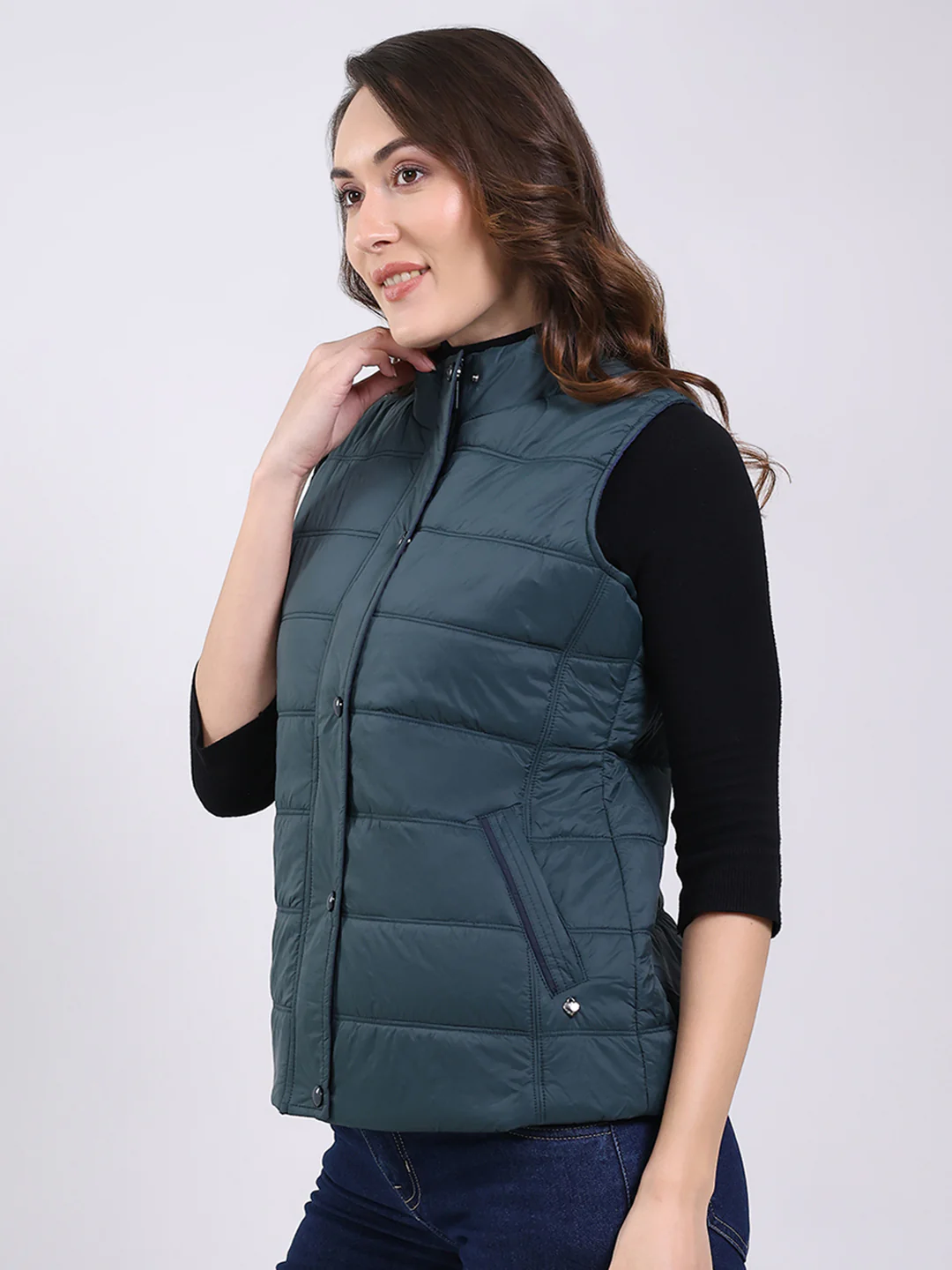 Women Teal Blue Solid Mock Neck Sleeveless Jacket - Image 3