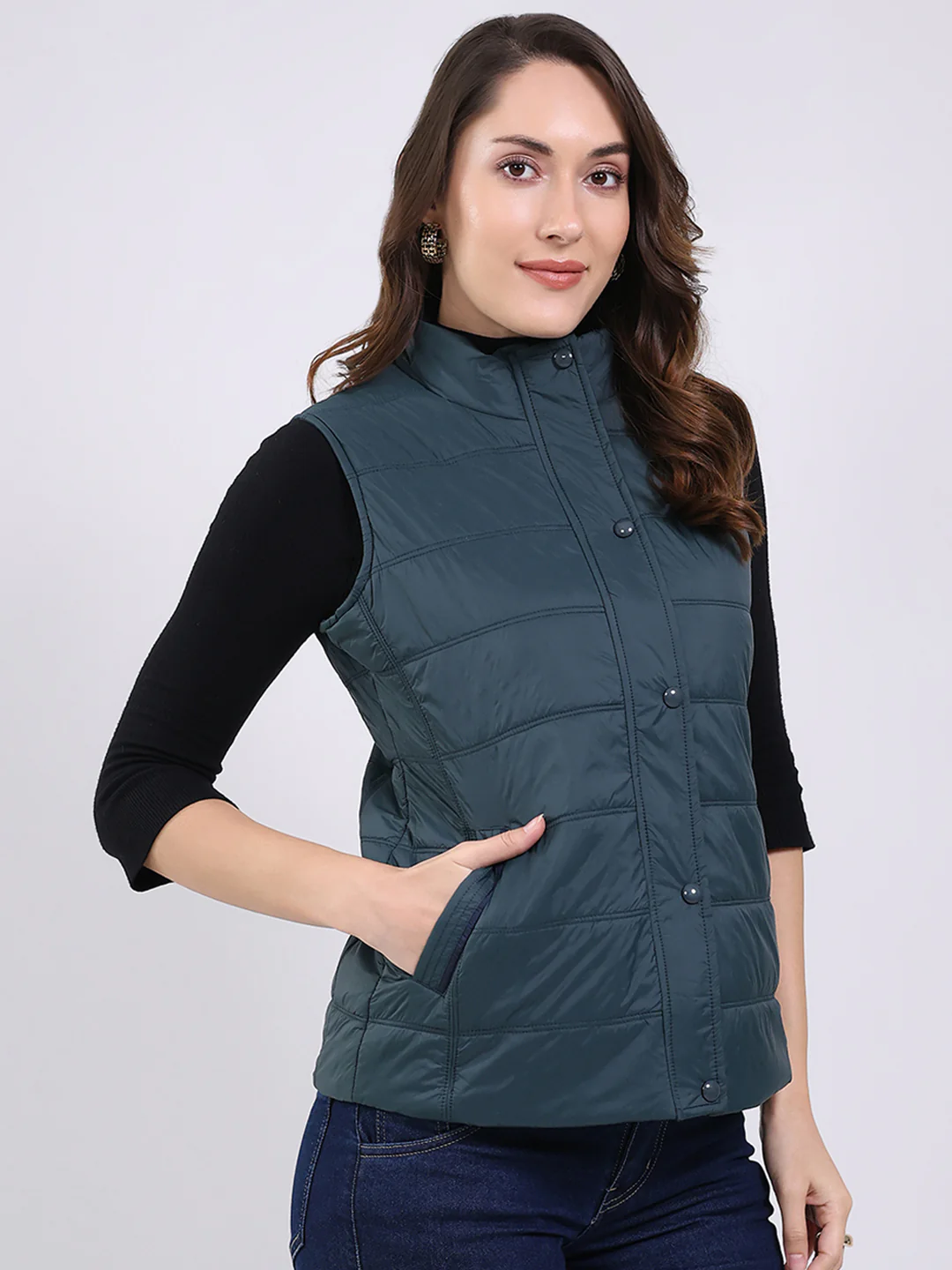 Women Teal Blue Solid Mock Neck Sleeveless Jacket - Image 4