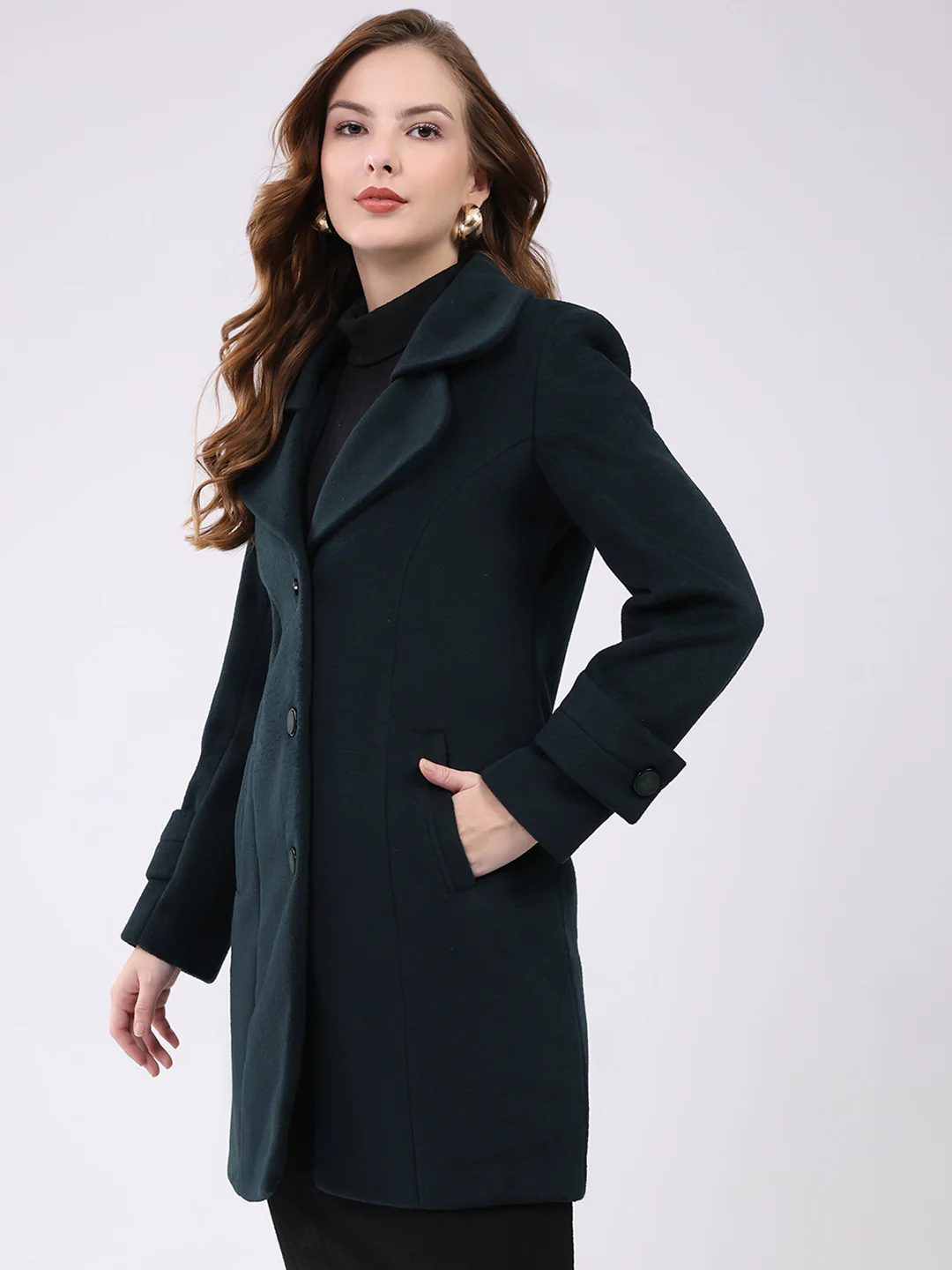Women Teal Blue Solid Notch Lapel Collar Full Sleeve Coat - Image 3