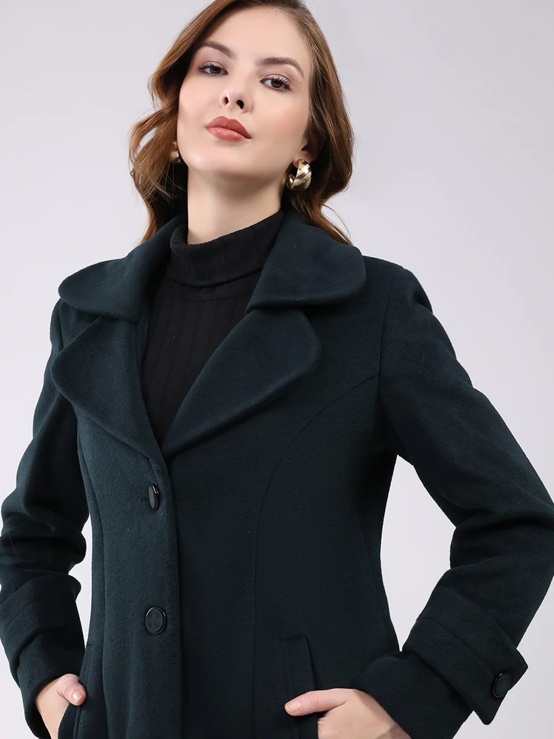 Women Teal Blue Solid Notch Lapel Collar Full Sleeve Coat - Image 6
