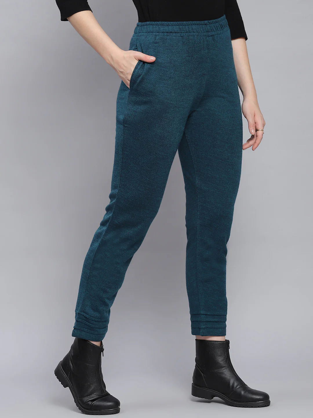 Women Teal Blue Solid Regular Fit Winter Lowers - Image 3