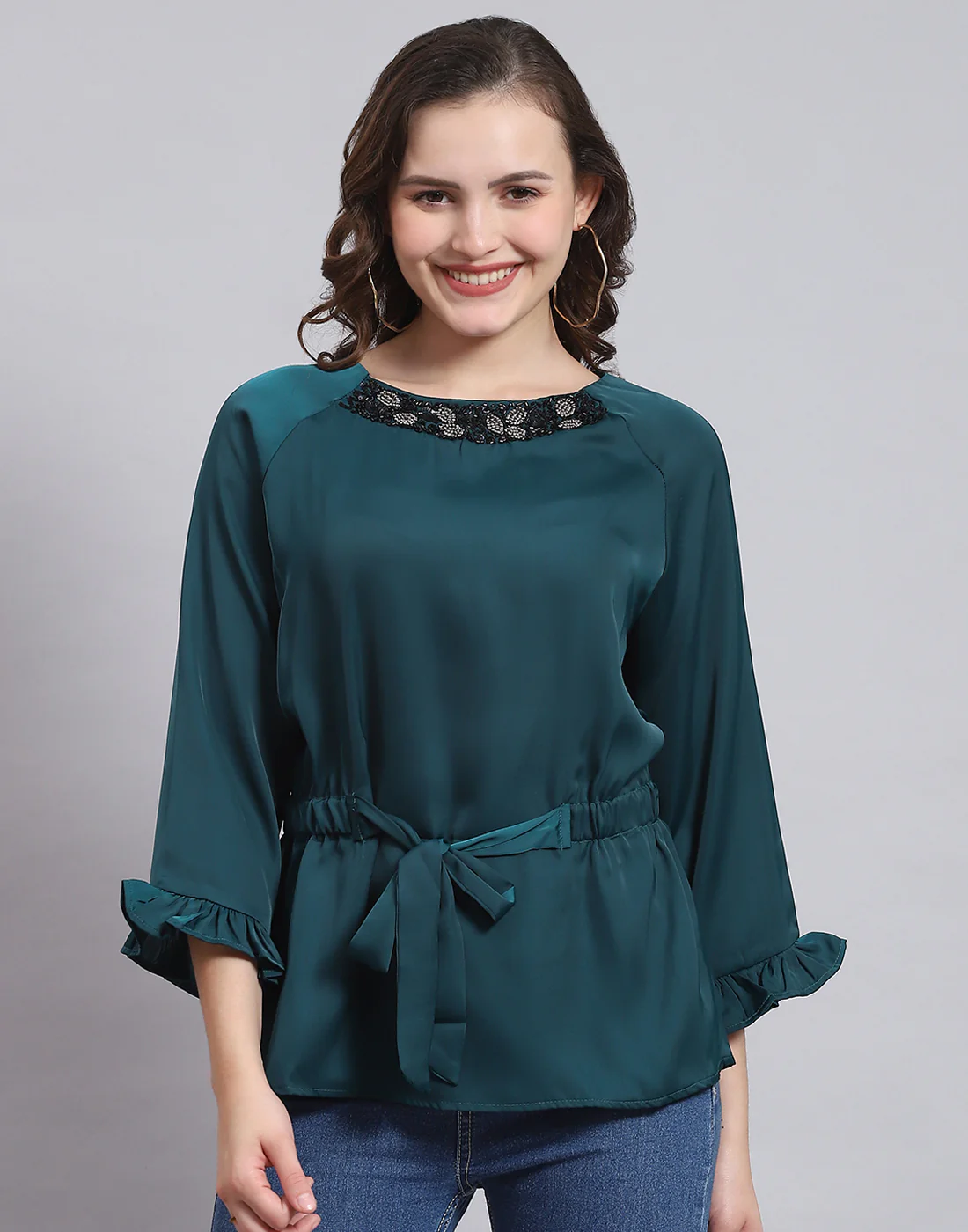 Women Teal Blue Solid Round Neck 3/4 Sleeve Top - Image 2