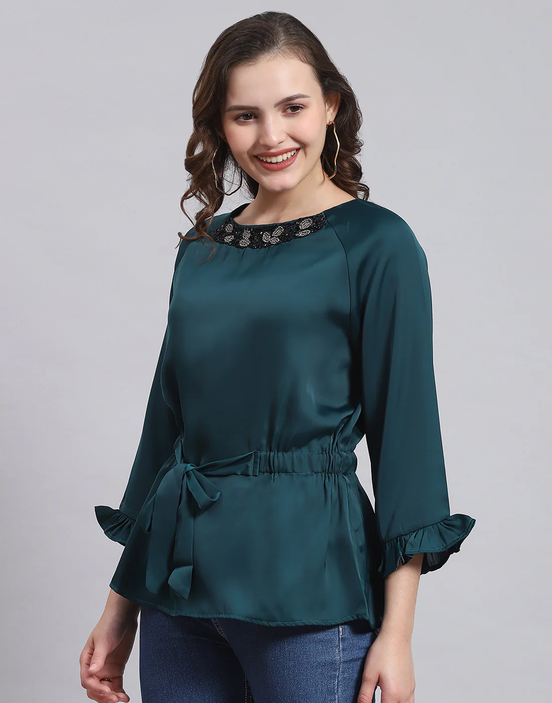 Women Teal Blue Solid Round Neck 3/4 Sleeve Top - Image 3