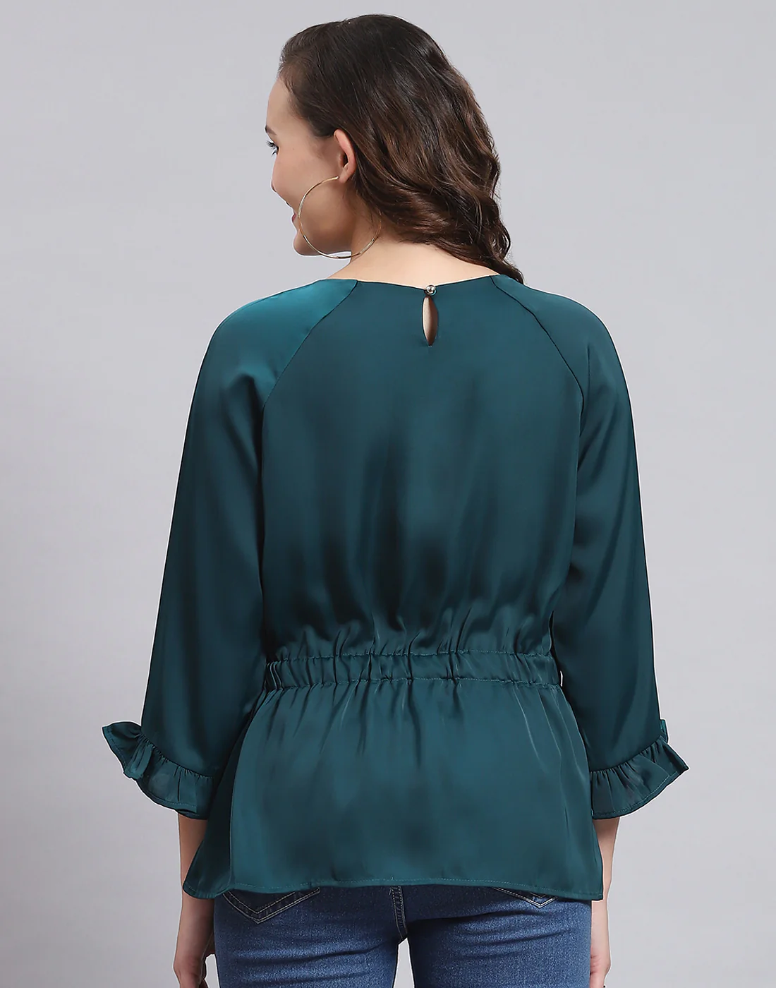 Women Teal Blue Solid Round Neck 3/4 Sleeve Top - Image 5