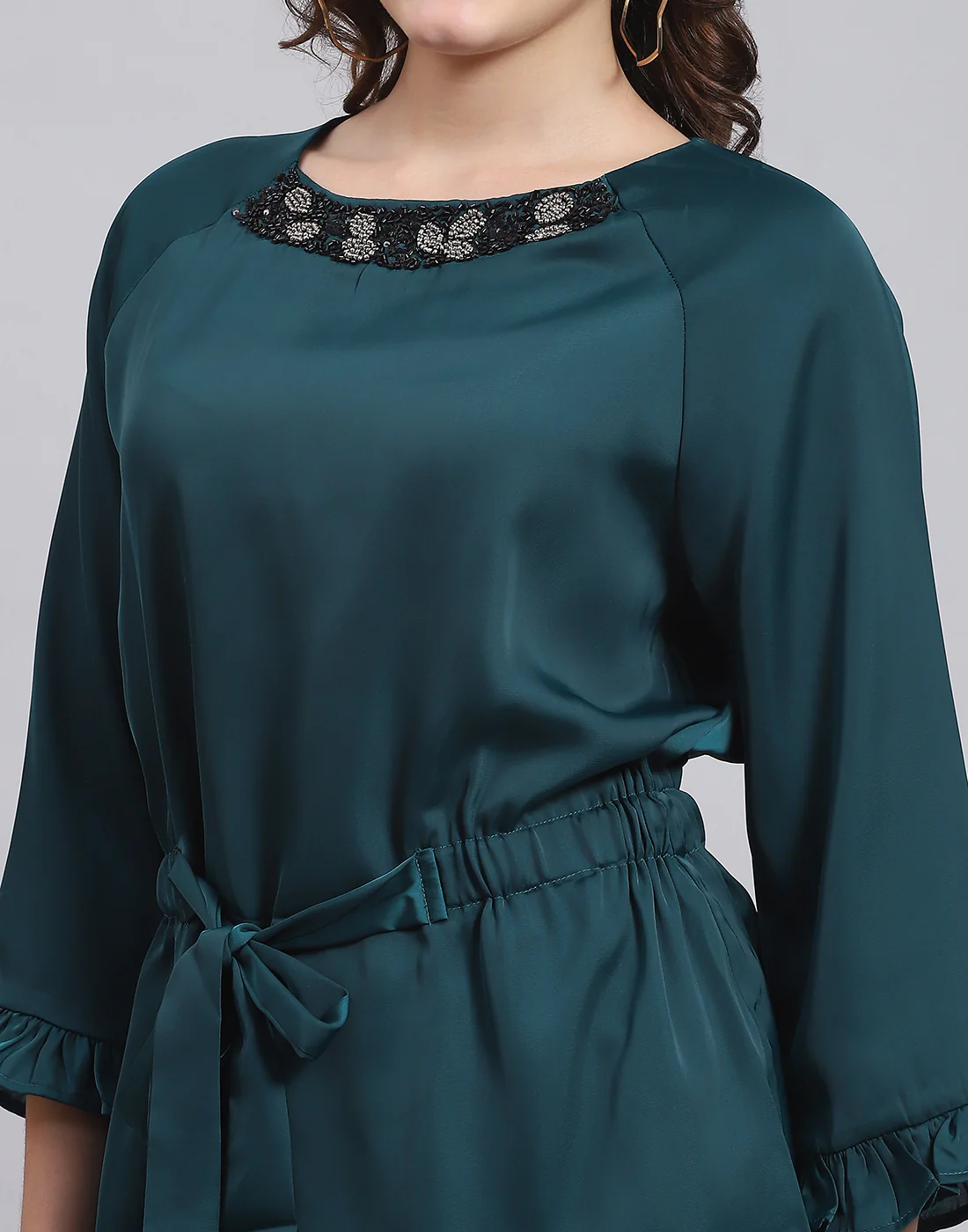 Women Teal Blue Solid Round Neck 3/4 Sleeve Top - Image 7