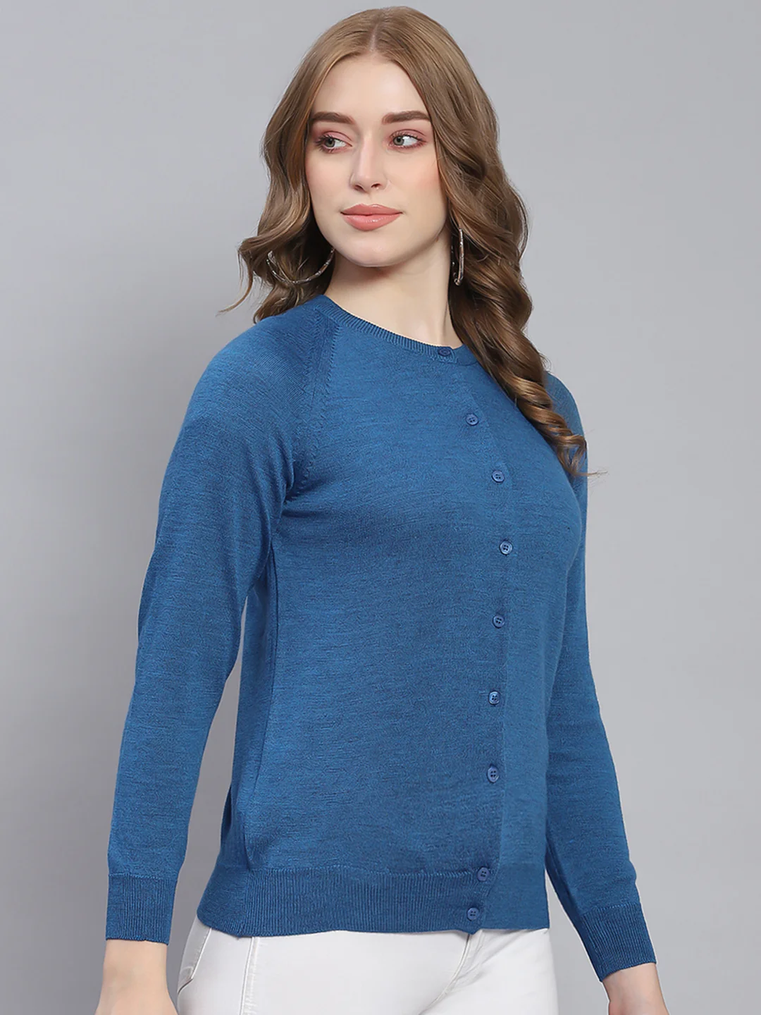 Women Teal Blue Solid Round Neck Full Sleeve Cardigans - Image 4
