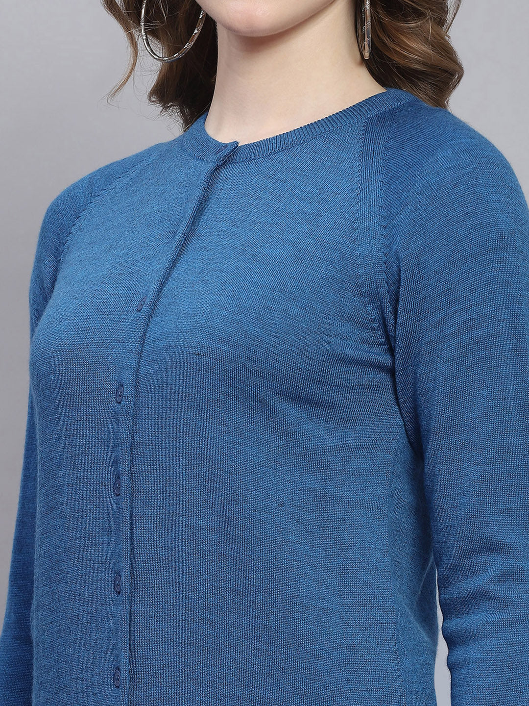 Women Teal Blue Solid Round Neck Full Sleeve Cardigans - Image 6