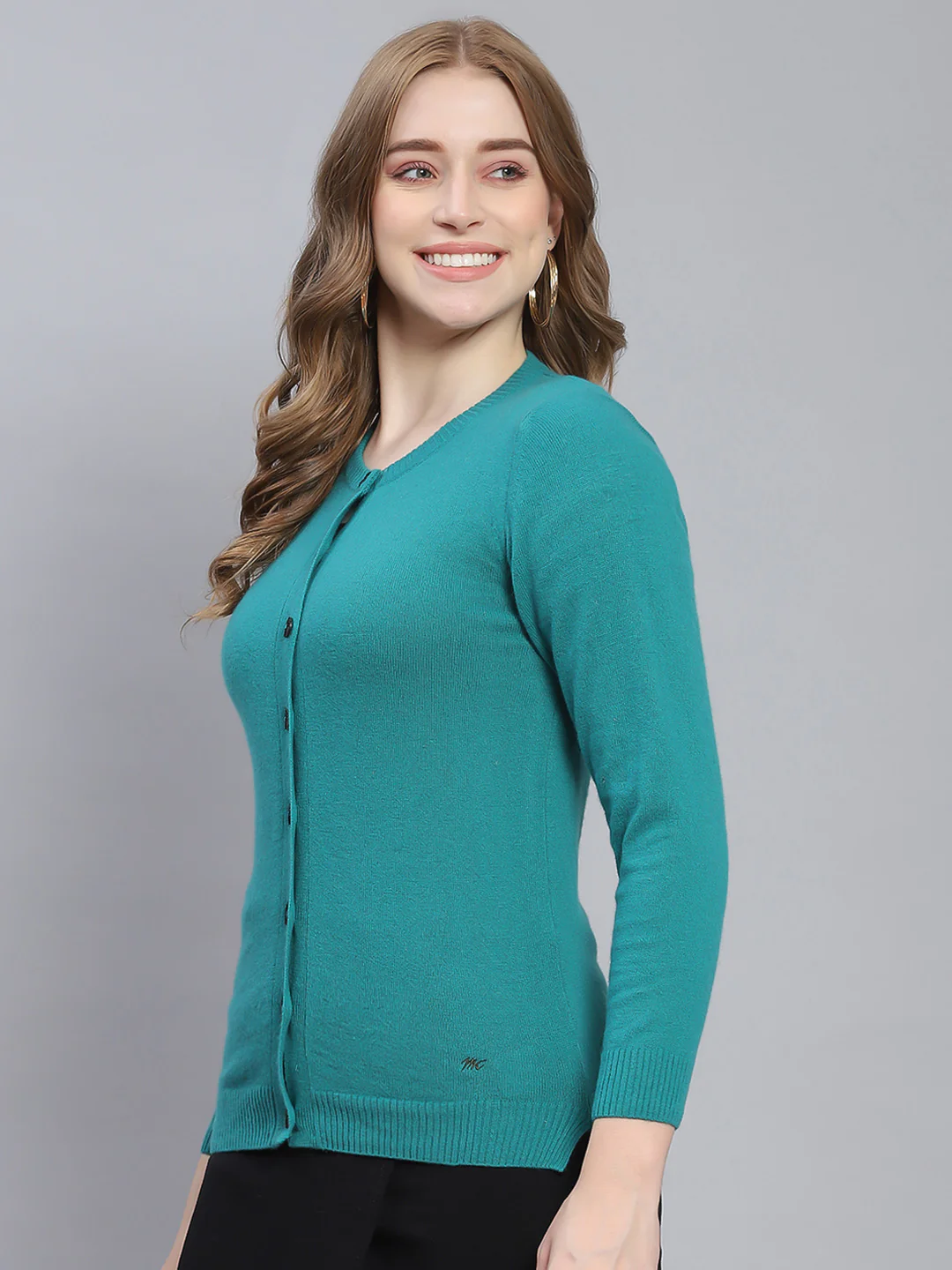 Women Teal Blue Solid Round Neck Full Sleeve Cardigans - Image 3