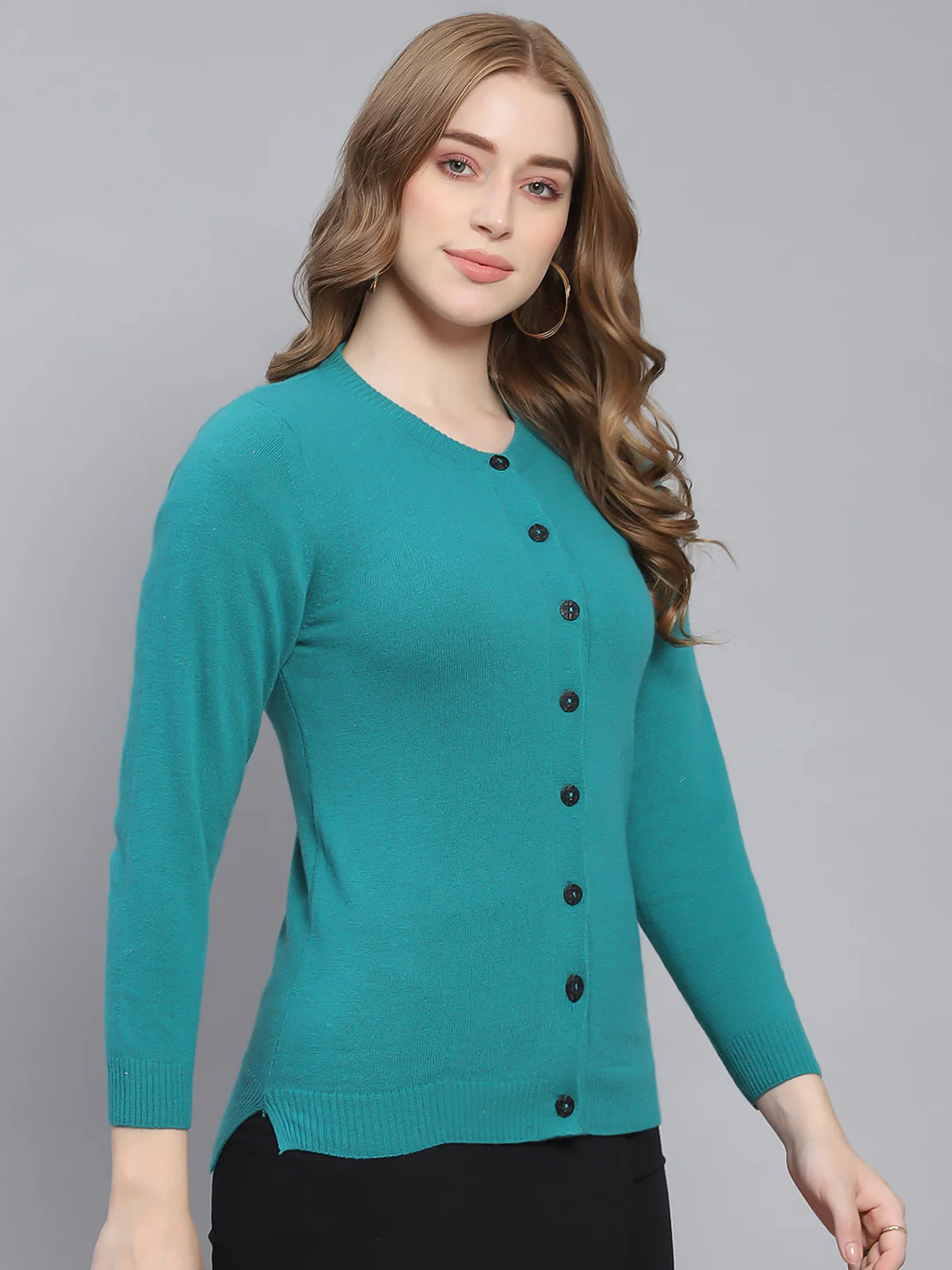 Women Teal Blue Solid Round Neck Full Sleeve Cardigans - Image 4