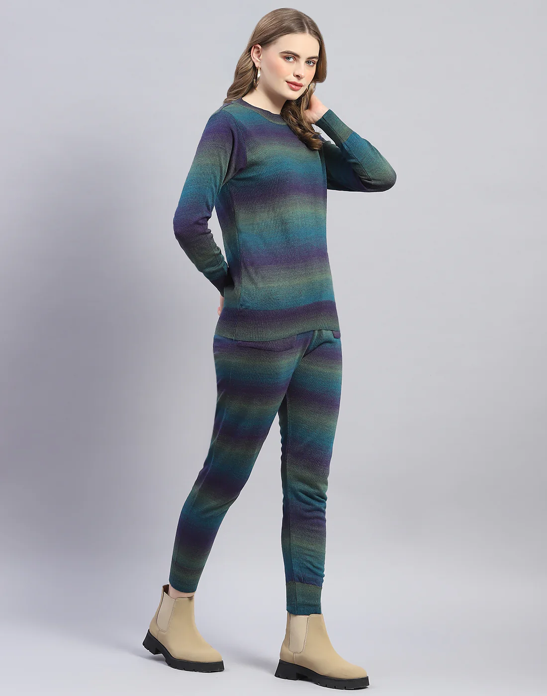 Women Teal Blue Solid Round Neck Full Sleeve Cords Set - Image 4