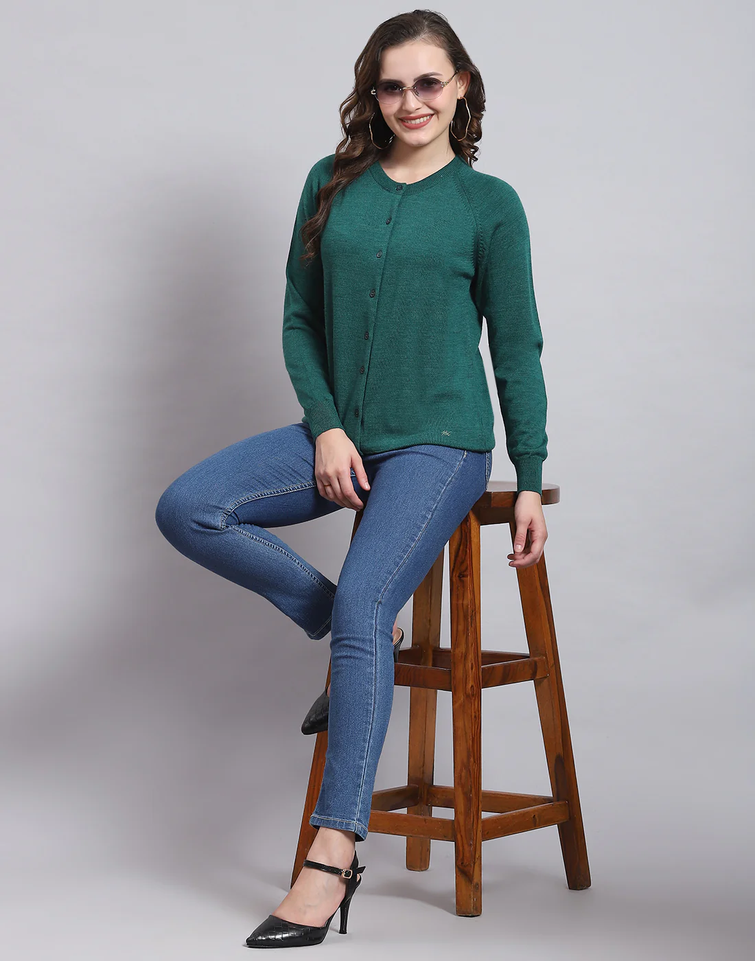 Women Teal Blue Solid Round Neck Full Sleeve Sweater - Image 2