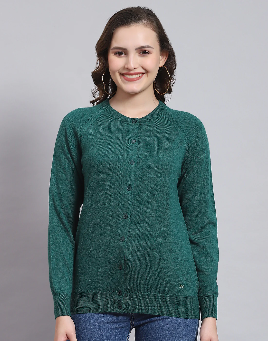Women Teal Blue Solid Round Neck Full Sleeve Sweater - Image 3