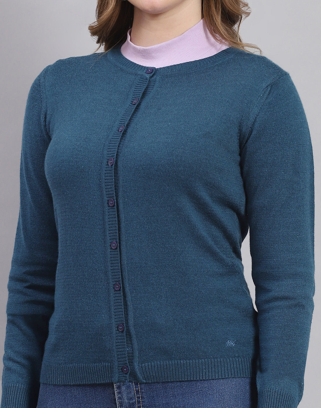 Women Teal Blue Solid Round Neck Full Sleeve Sweater - Image 6