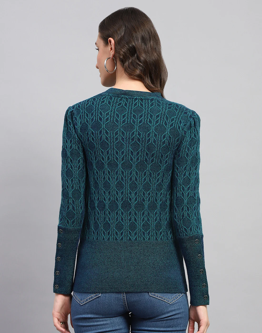 Women Teal Blue Solid Round Neck Full Sleeve Winter Top - Image 5