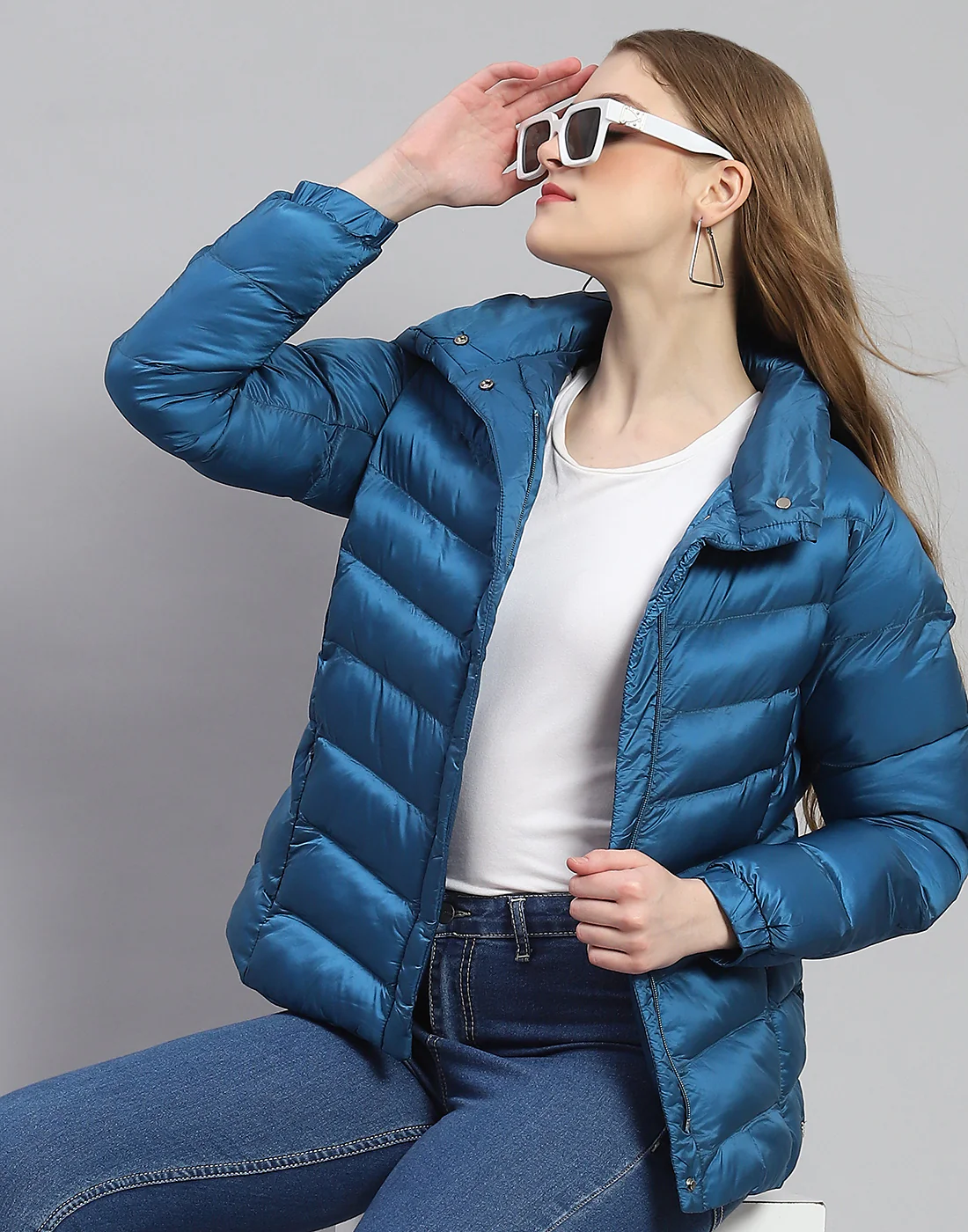Women Teal Blue Solid Stand Collar Full Sleeve Jacket - Image 2