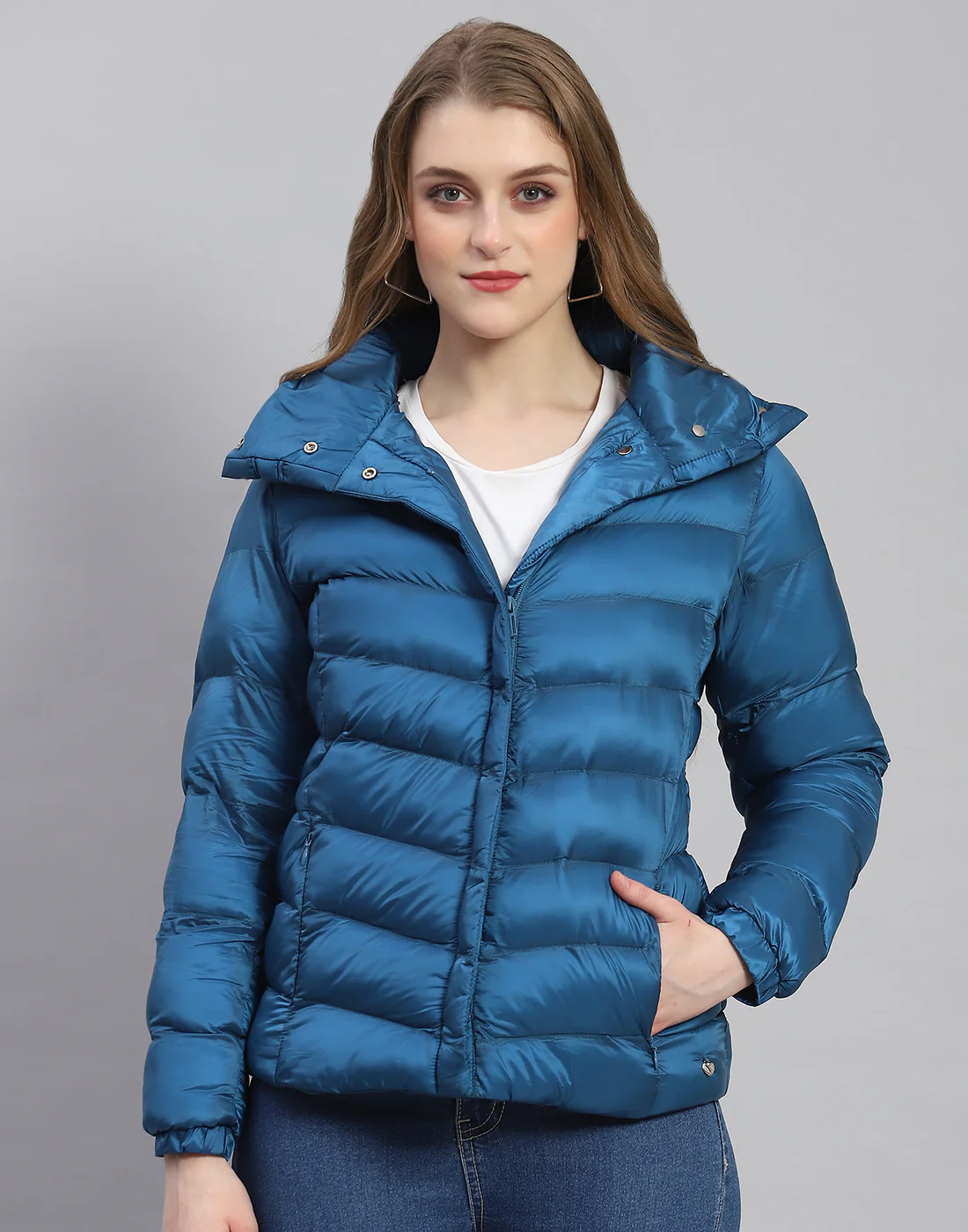 Women Teal Blue Solid Stand Collar Full Sleeve Jacket - Image 5