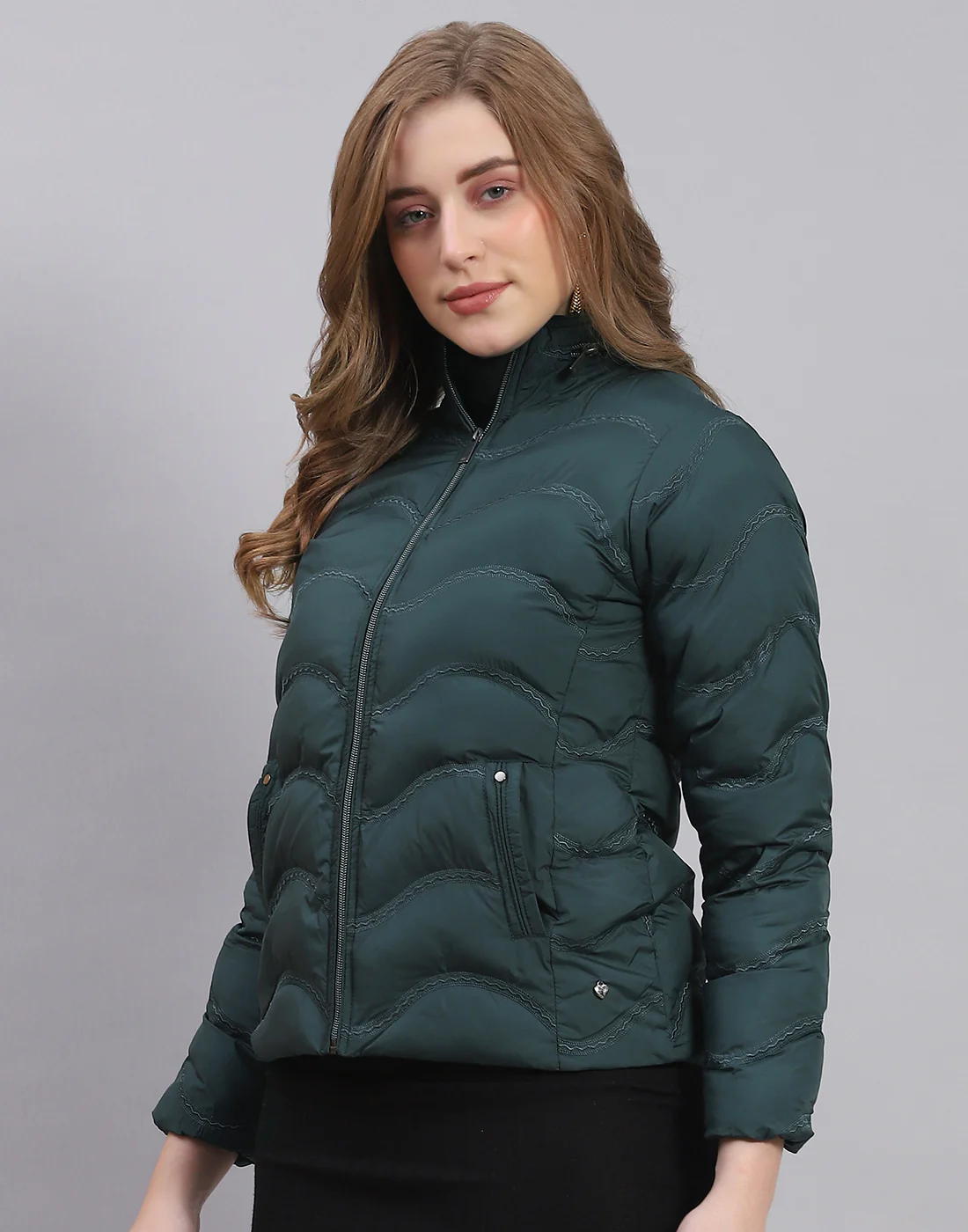 Women Teal Blue Solid Stand Collar Full Sleeve Jacket - Image 3