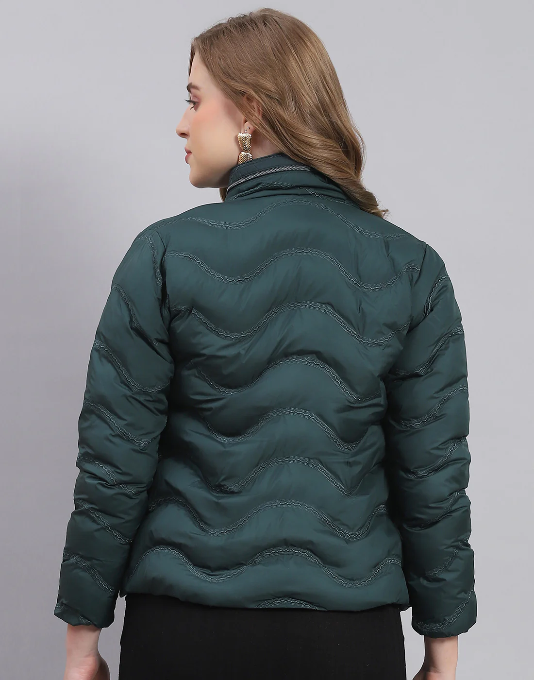 Women Teal Blue Solid Stand Collar Full Sleeve Jacket - Image 5