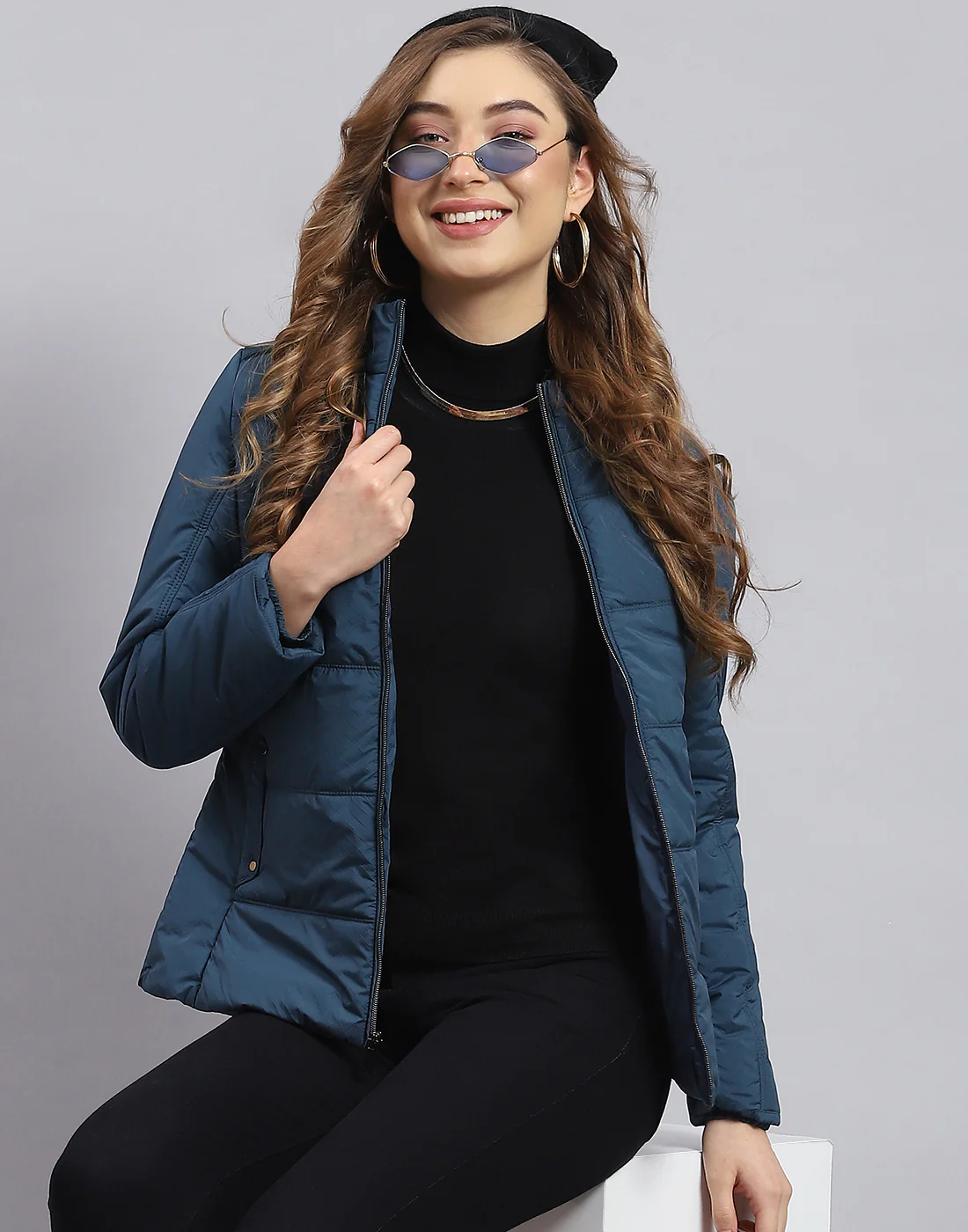 Women Teal Blue Solid Stand Collar Full Sleeve Jacket - Image 6