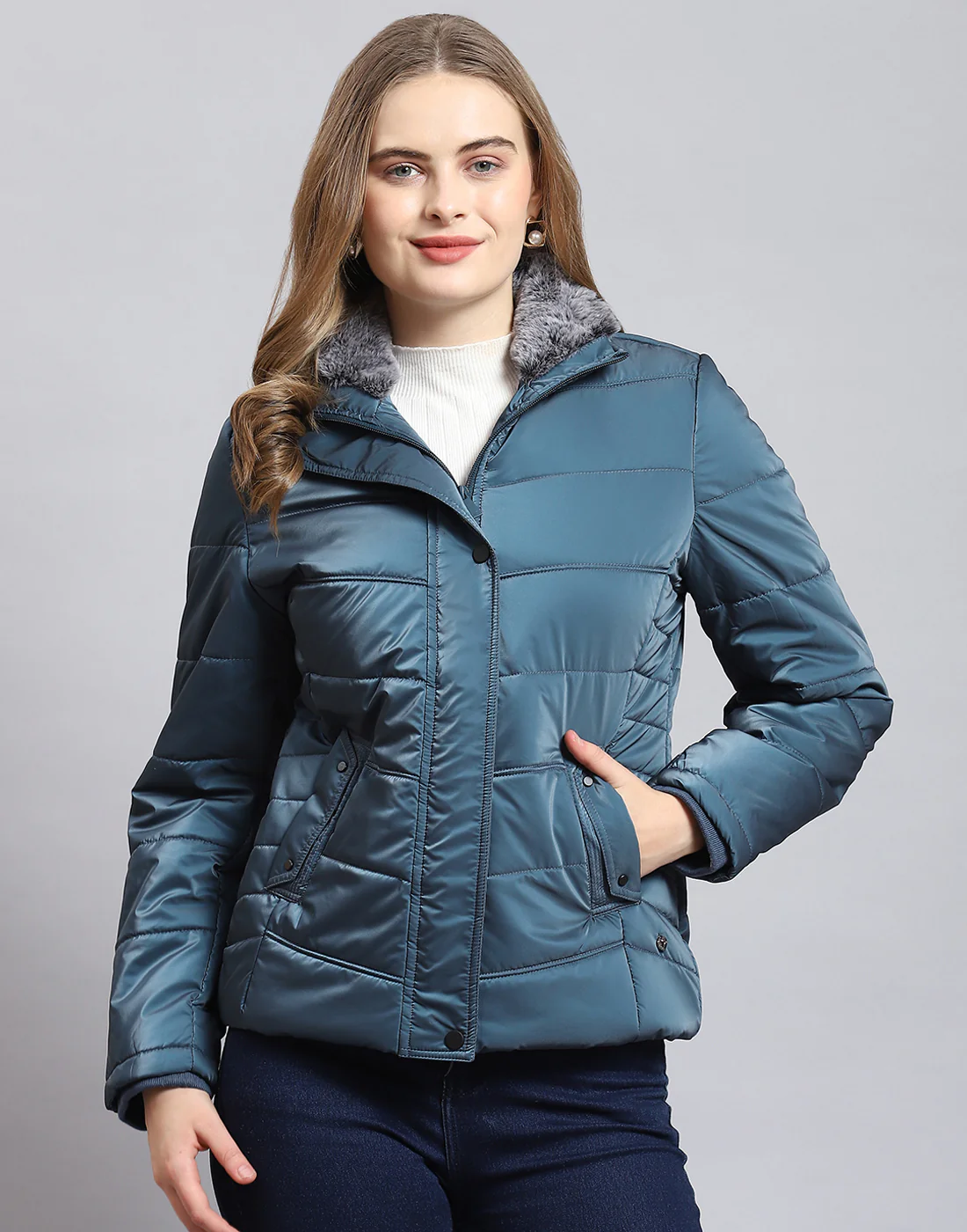 Women Teal Blue Solid Stand Collar Full Sleeve Jacket - Image 2