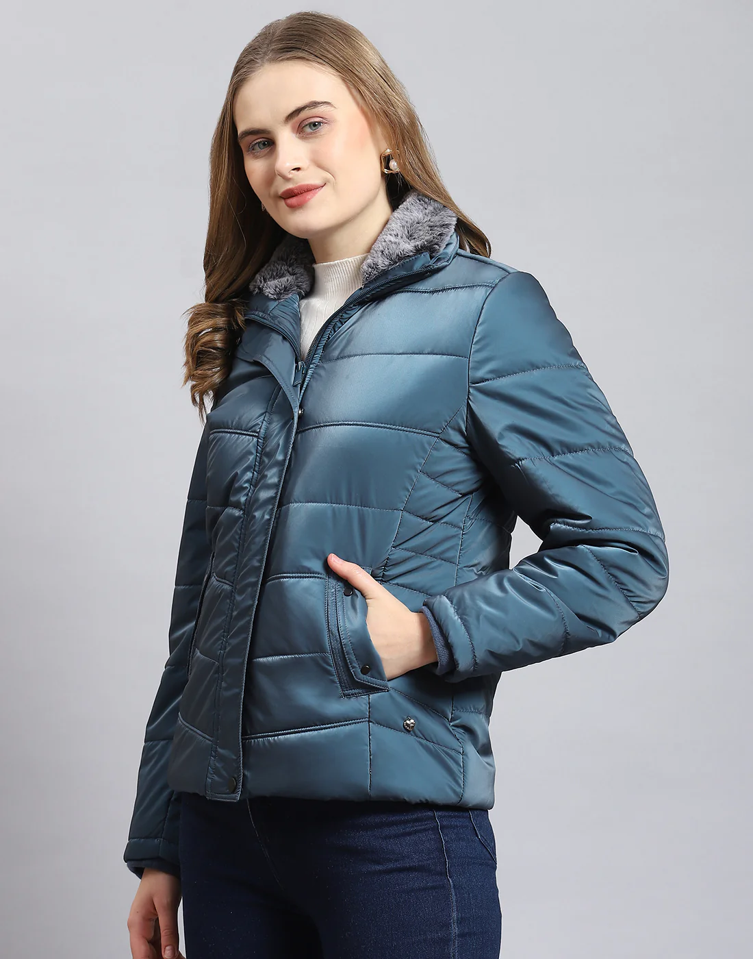 Women Teal Blue Solid Stand Collar Full Sleeve Jacket - Image 3