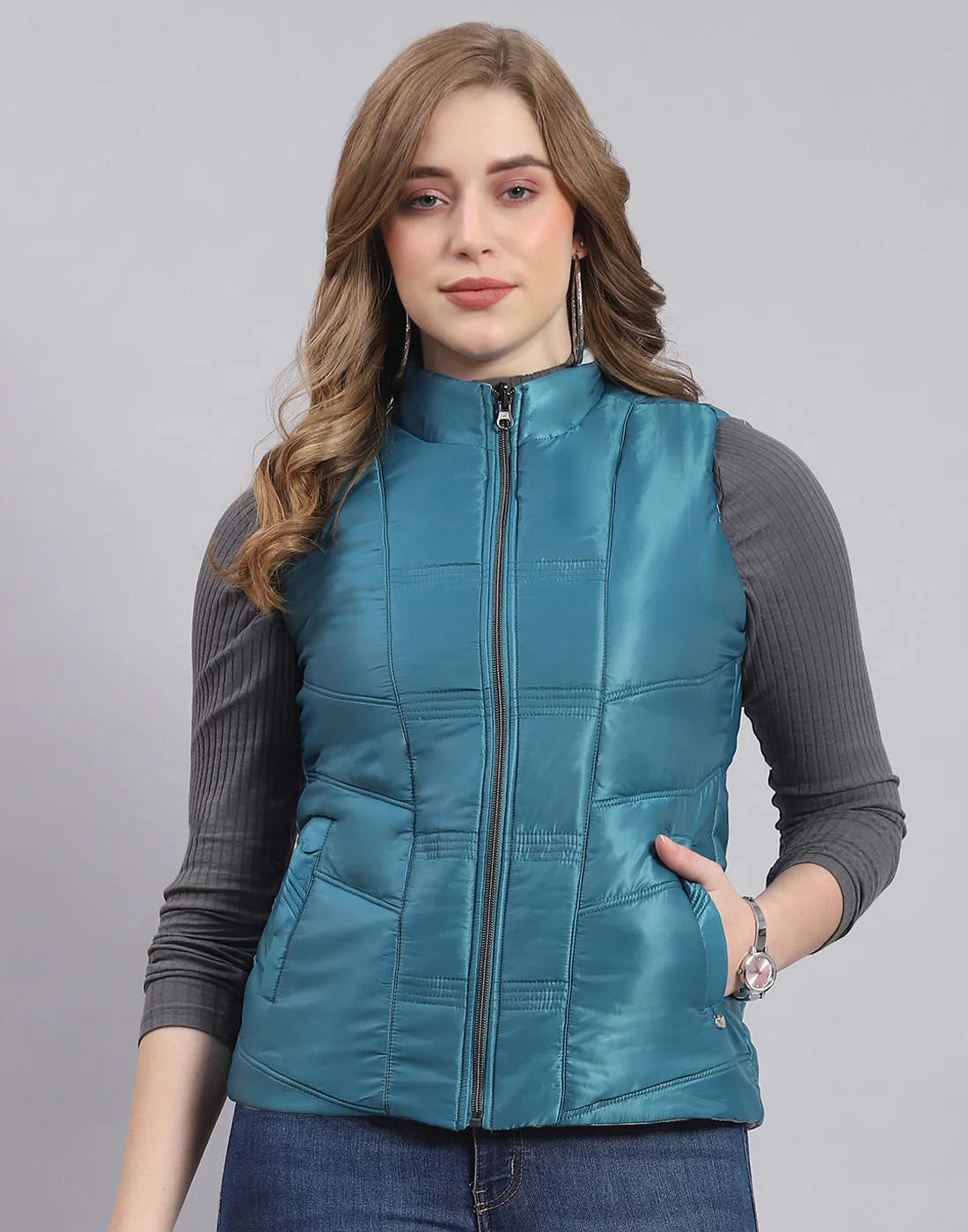 Women Teal Blue Solid Stand Collar Sleeveless Jacket - Image 2