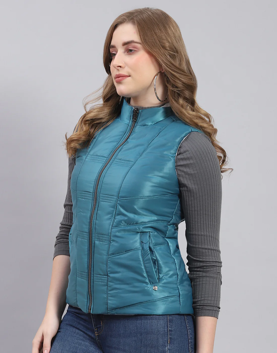 Women Teal Blue Solid Stand Collar Sleeveless Jacket - Image 4