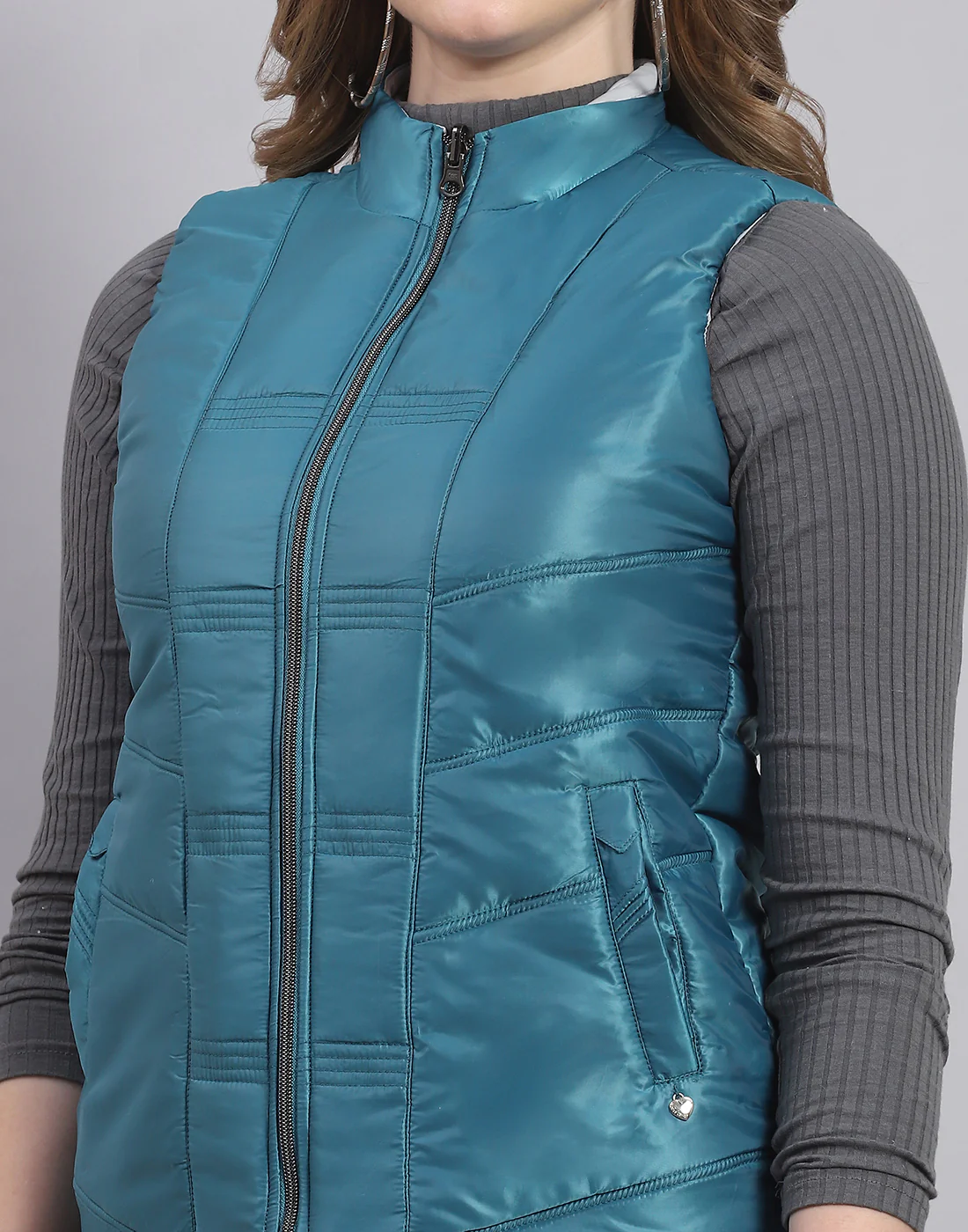 Women Teal Blue Solid Stand Collar Sleeveless Jacket - Image 8