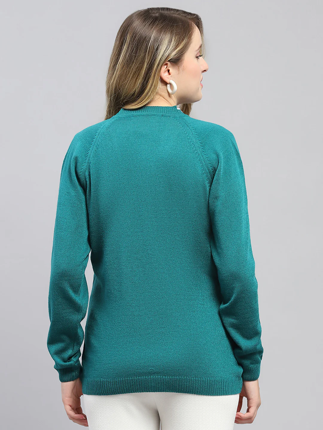 Women Teal Blue Solid V Neck Full Sleeve Cardigan - Image 5